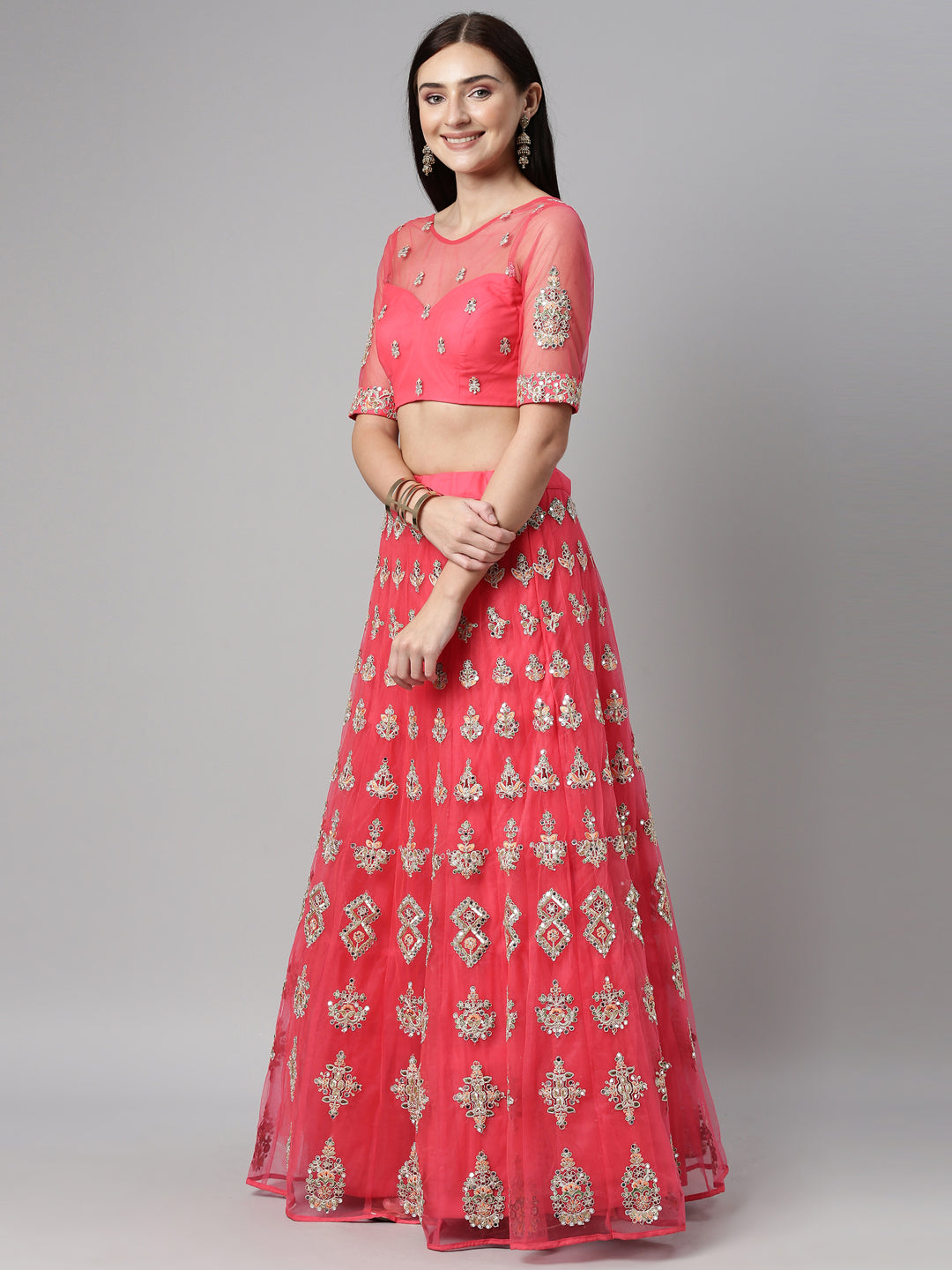 Teal Embroidered Net Semi-Stitched Lehenga Using Mirror - qivii