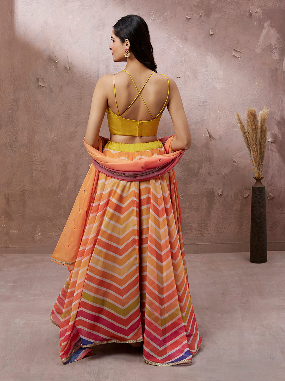 Yellow Organza Leheriya Printed Semi-Stitched Lehenga choli - qivii