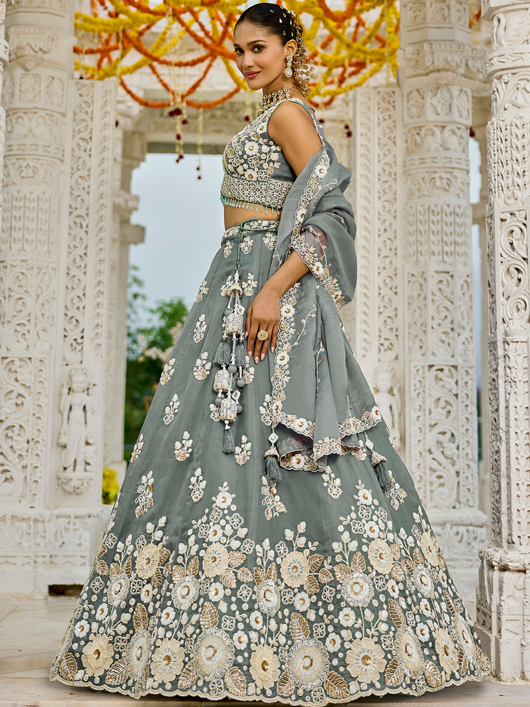 Gray - Organza Fabric Beads & Sequince Embroidered Ready to Wear Lehenga Choli & Dupatta