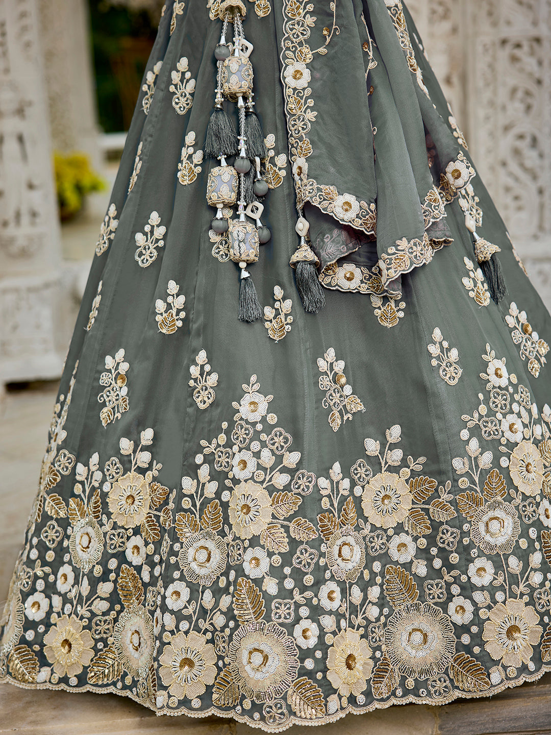 Gray - Organza Fabric Beads & Sequince Embroidered Ready to Wear Lehenga Choli & Dupatta