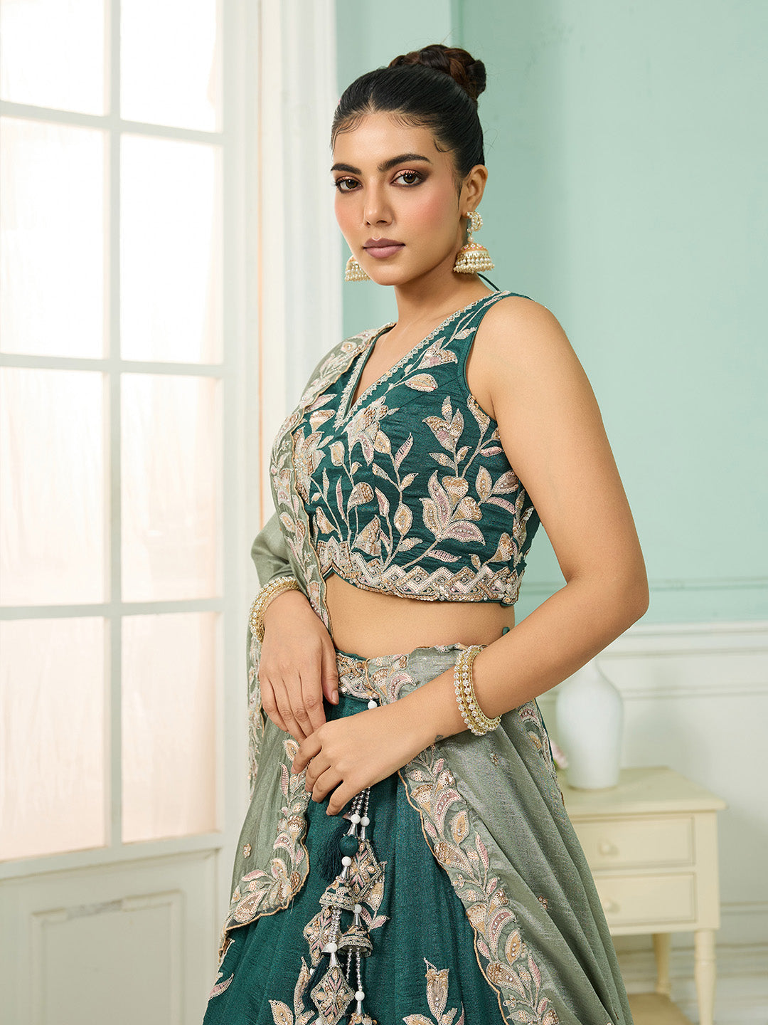 Green- Silk Fabric Sequins embroidery Semi-Stitched Lehenga & Unstitched Blouse With Dupatta - qivii