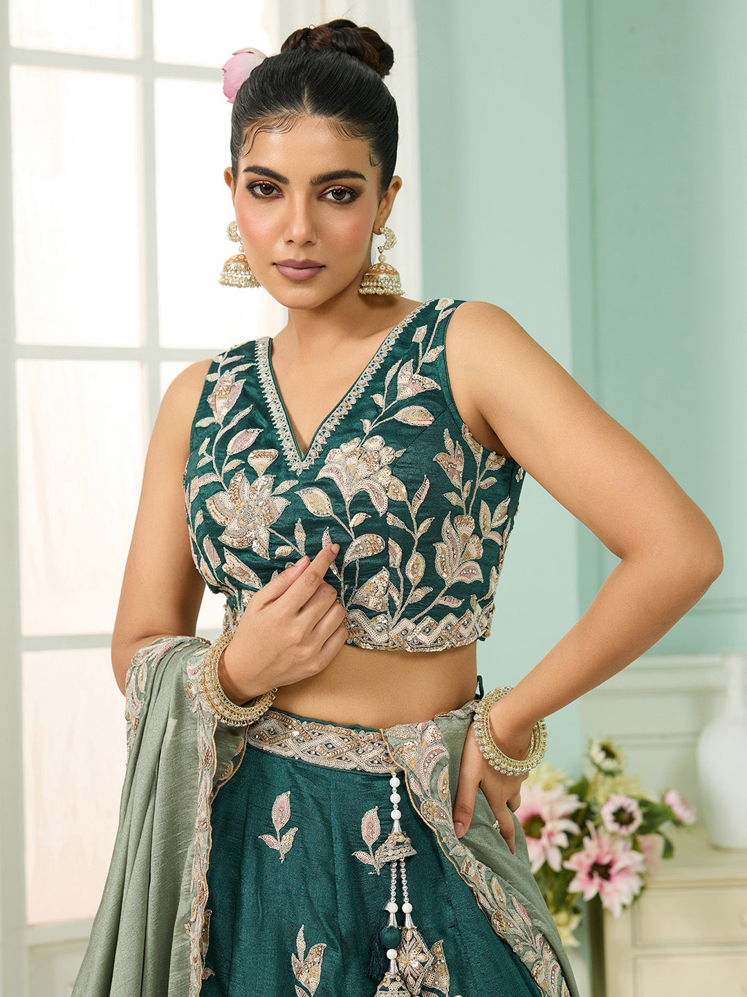 Green- Silk Fabric Sequins embroidery Semi-Stitched Lehenga & Unstitched Blouse With Dupatta - qivii