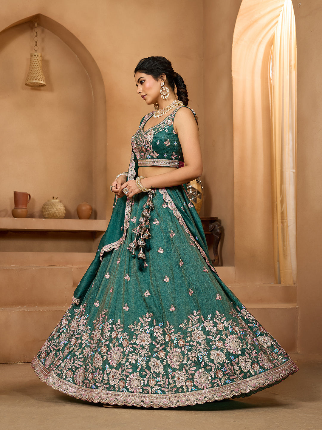 Green- Tissue Fabric Sequins embroidery Semi-Stitched Lehenga & Unstitched Blouse With Dupatta - qivii
