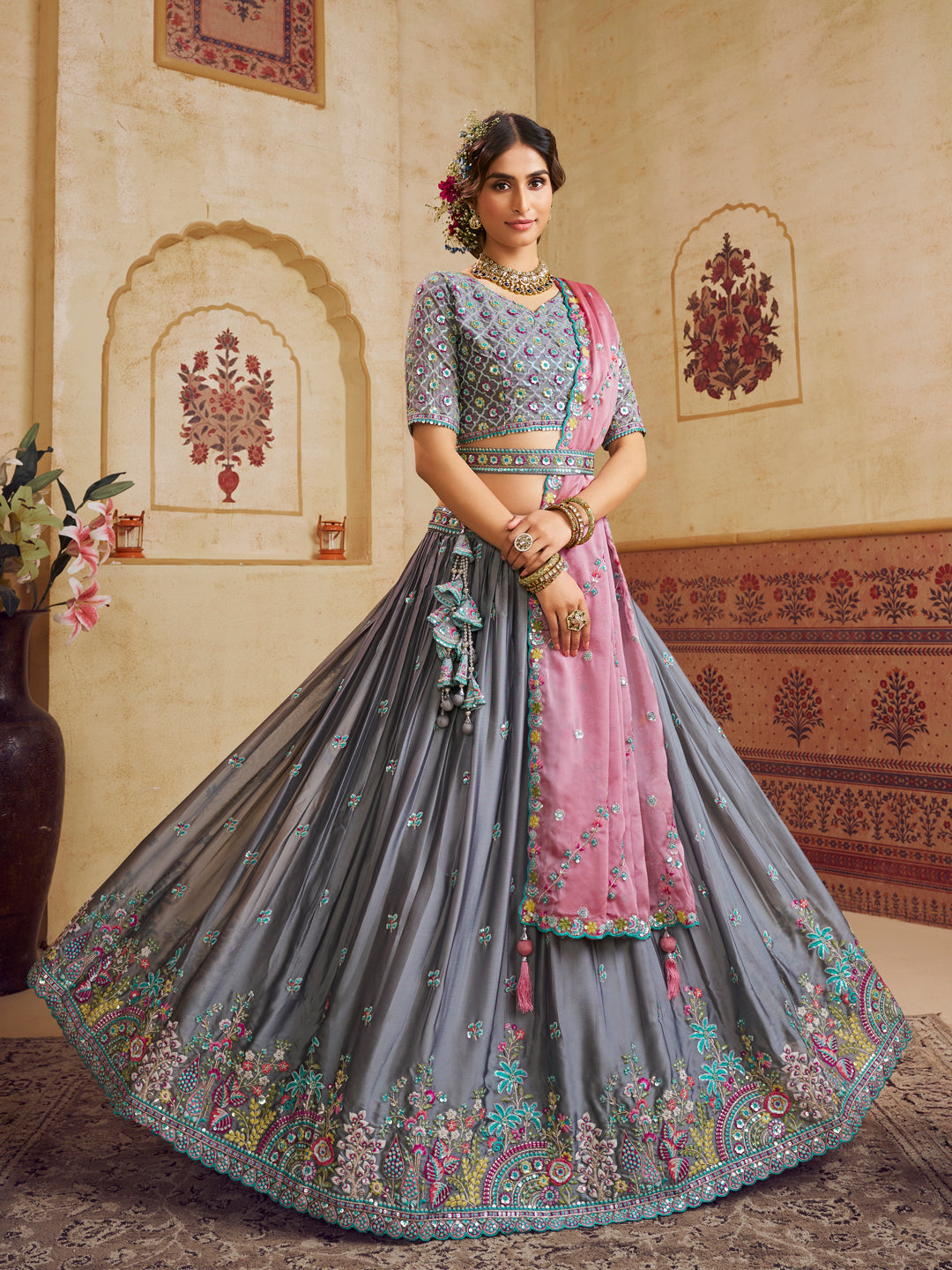 Grey Color Silk Fabric Sequins embroidery Lehenga choli & Dupatta - qivii