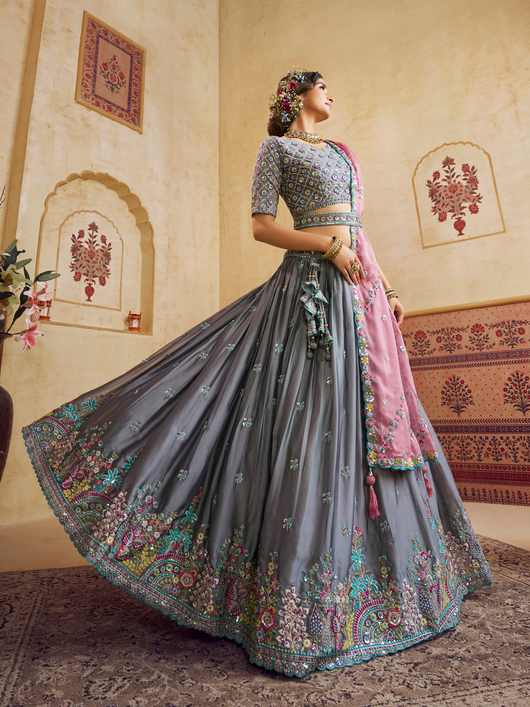 Grey Color Silk Fabric Sequins embroidery Lehenga choli & Dupatta - qivii