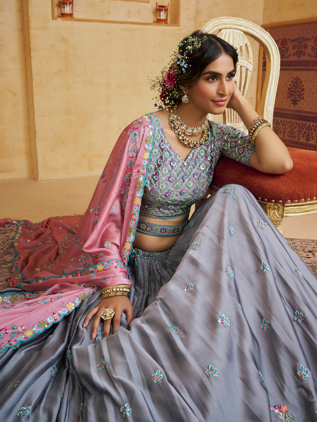 Grey Color Silk Fabric Sequins embroidery Lehenga choli & Dupatta - qivii