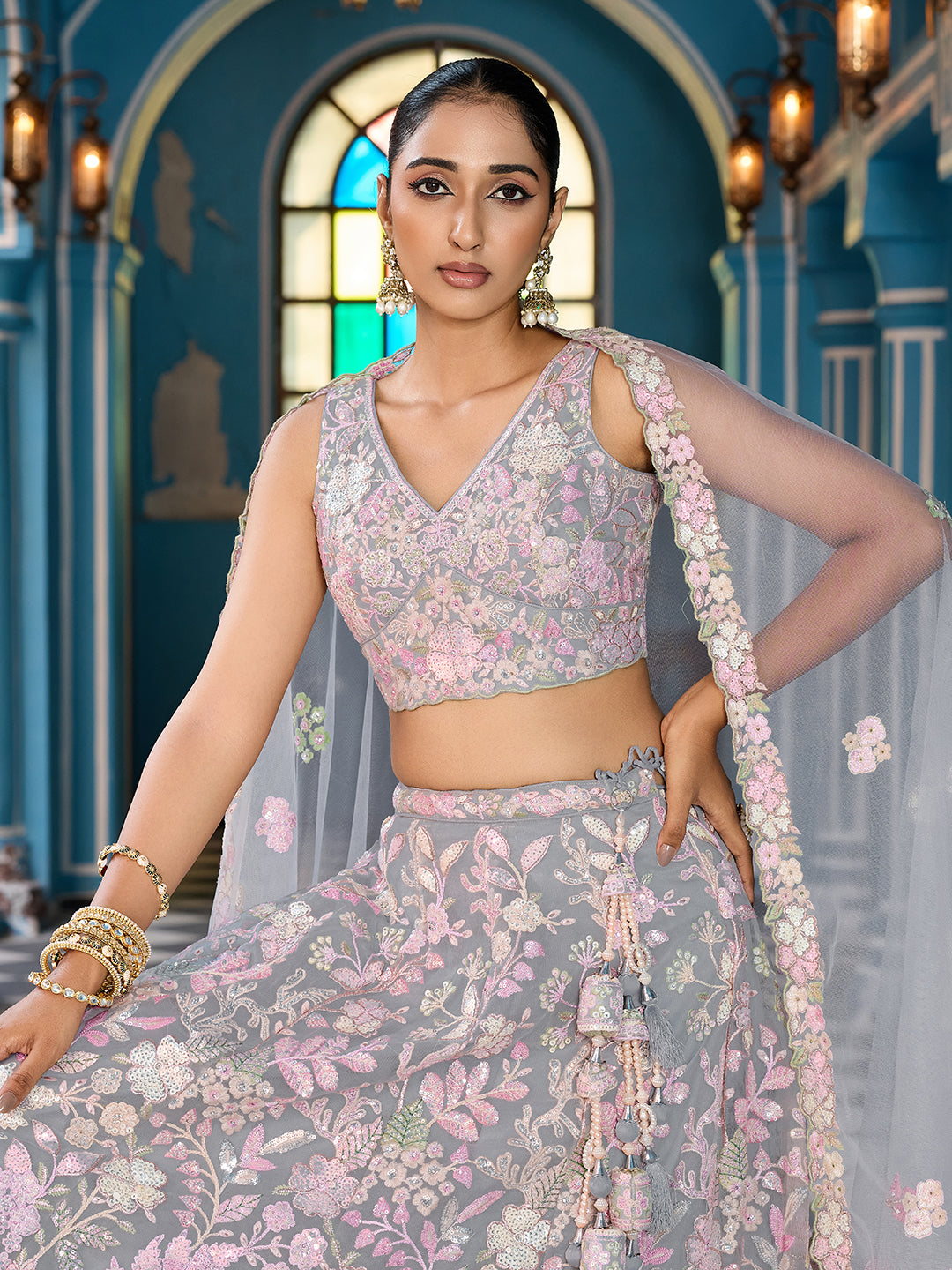 GREY - Net Fabric Sequins embroidery Semi-Stitched Lehenga & Unstitched Blouse With Dupatta