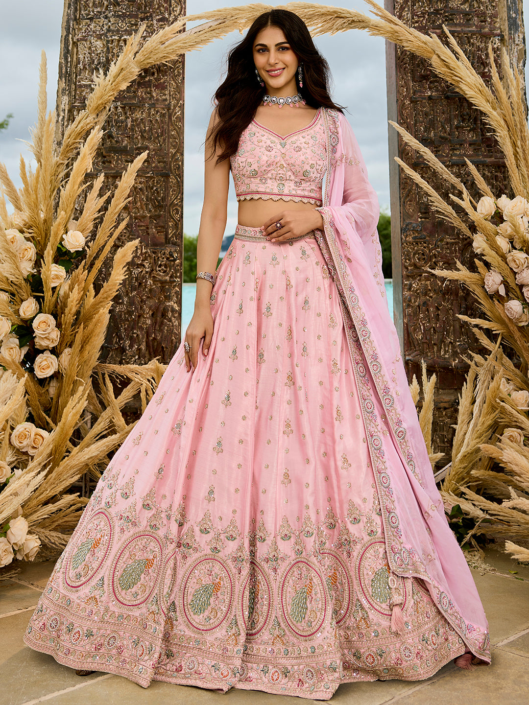 Pink - Silk Fabric Beads & Sequince Embroidered Ready to Wear Lehenga Choli & Dupatta