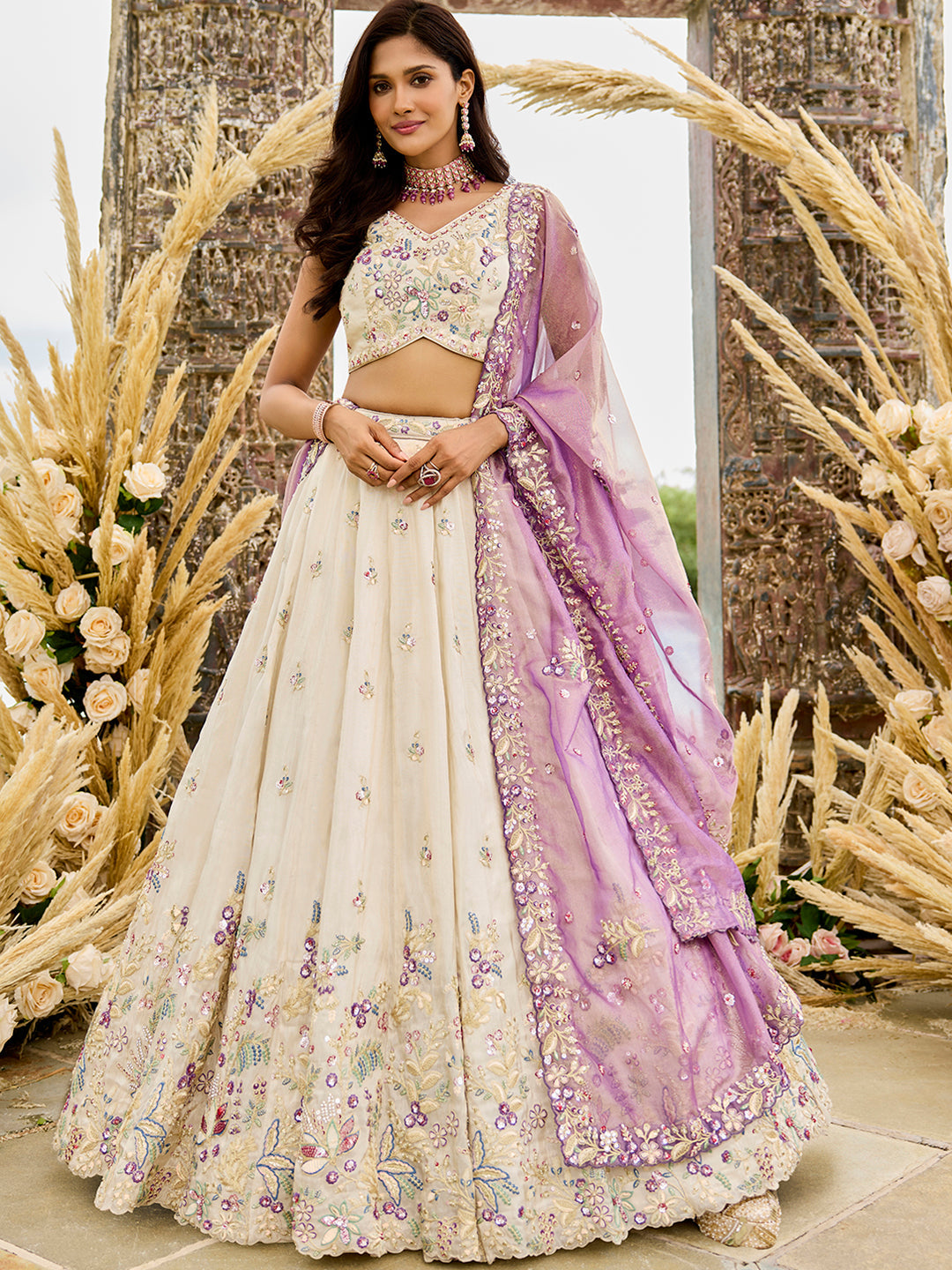 Purple Tissue Fabric Sequins Thread & Embroidery Ready to Wear Lehenga Choli & Dupatta