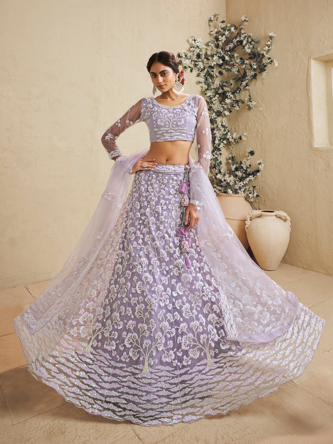 Lavender Color Net Fabric Sequins embroidery Lehenga choli & Dupatta - qivii