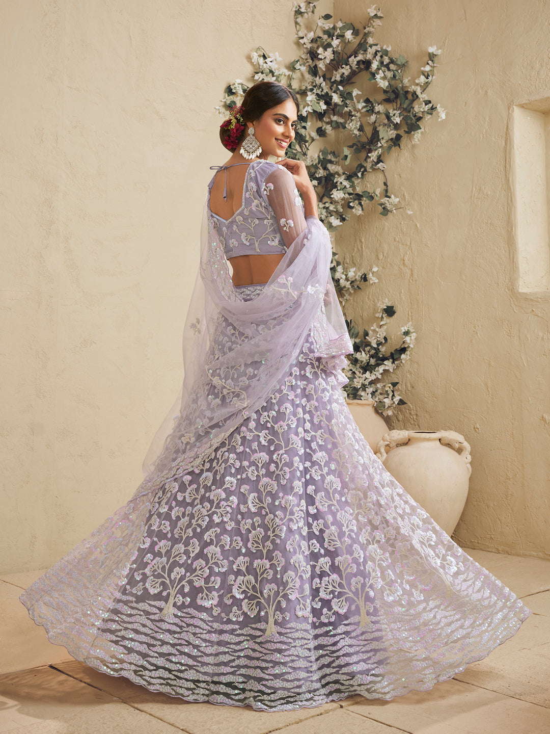 Lavender Color Net Fabric Sequins embroidery Lehenga choli & Dupatta - qivii