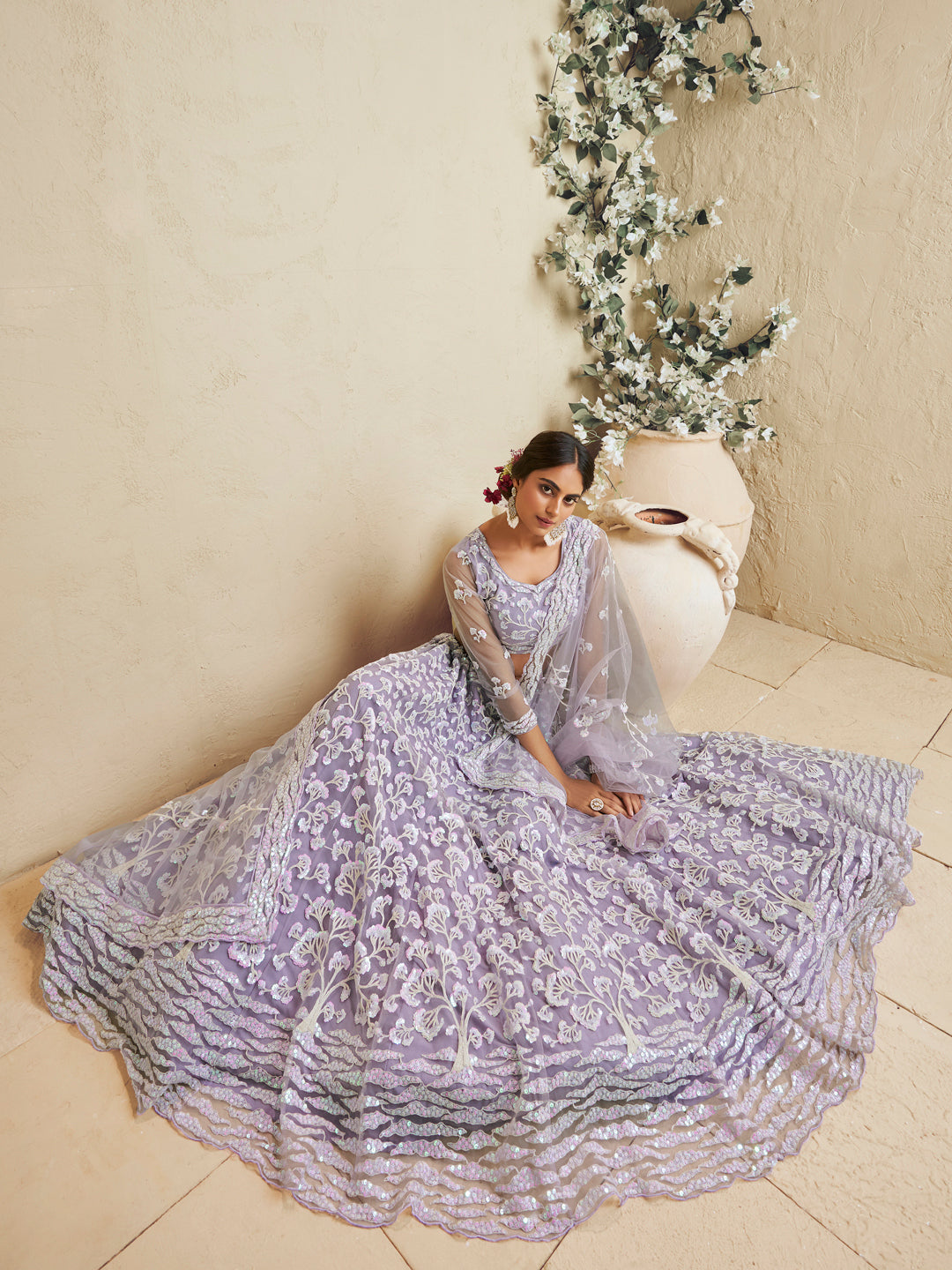 Lavender Color Net Fabric Sequins embroidery Lehenga choli & Dupatta - qivii