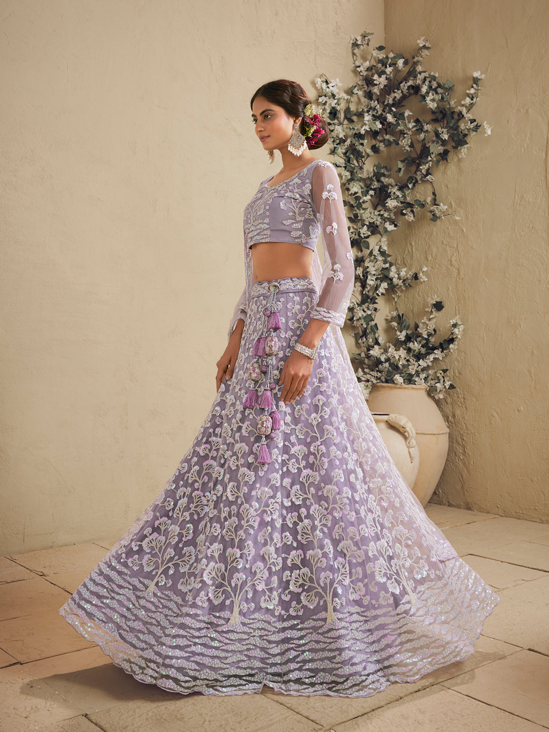 Lavender Color Net Fabric Sequins embroidery Lehenga choli & Dupatta - qivii