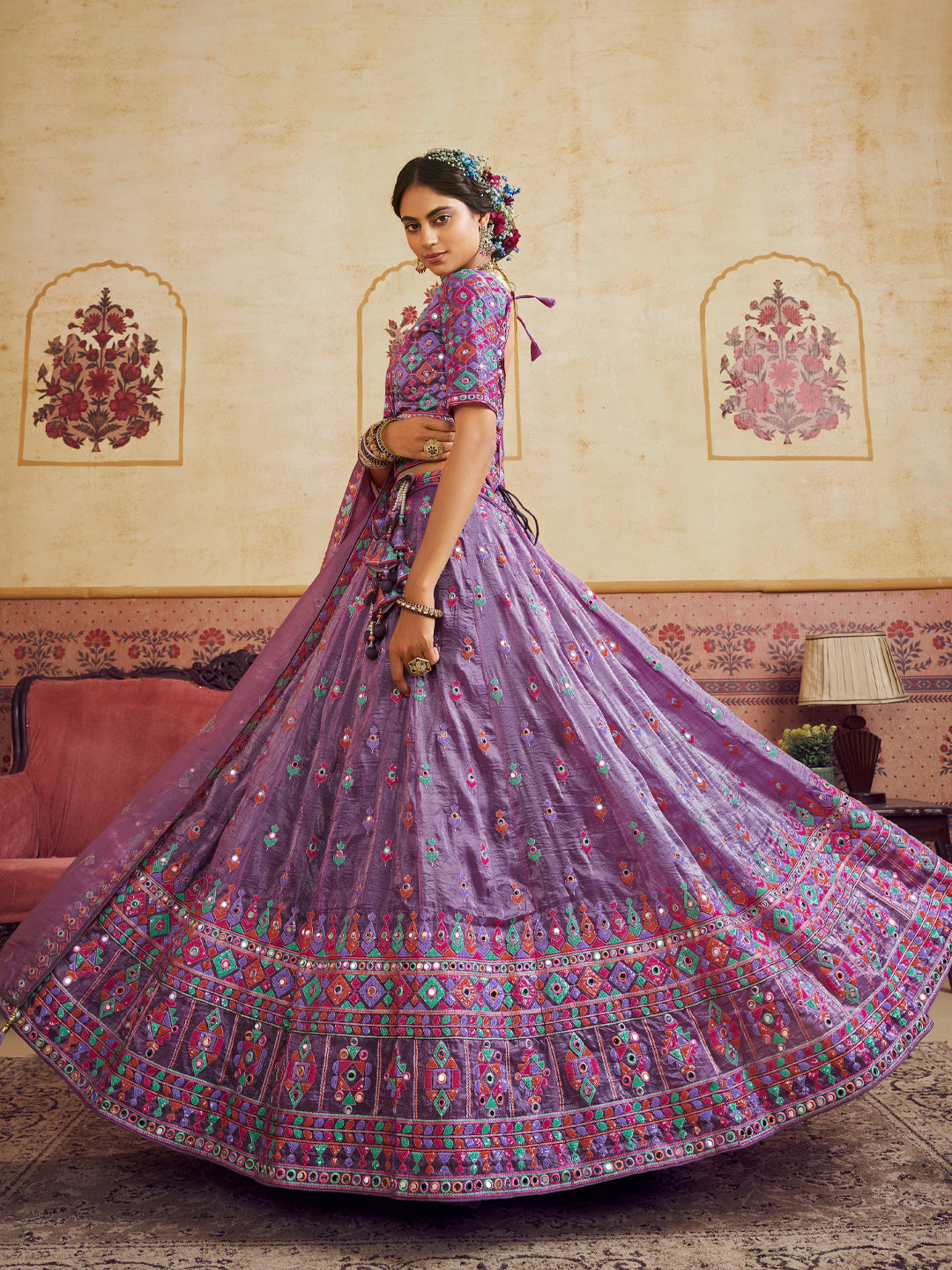 Lavender Color Organza Fabric Sequins embroidery Lehenga choli & Dupatta - qivii