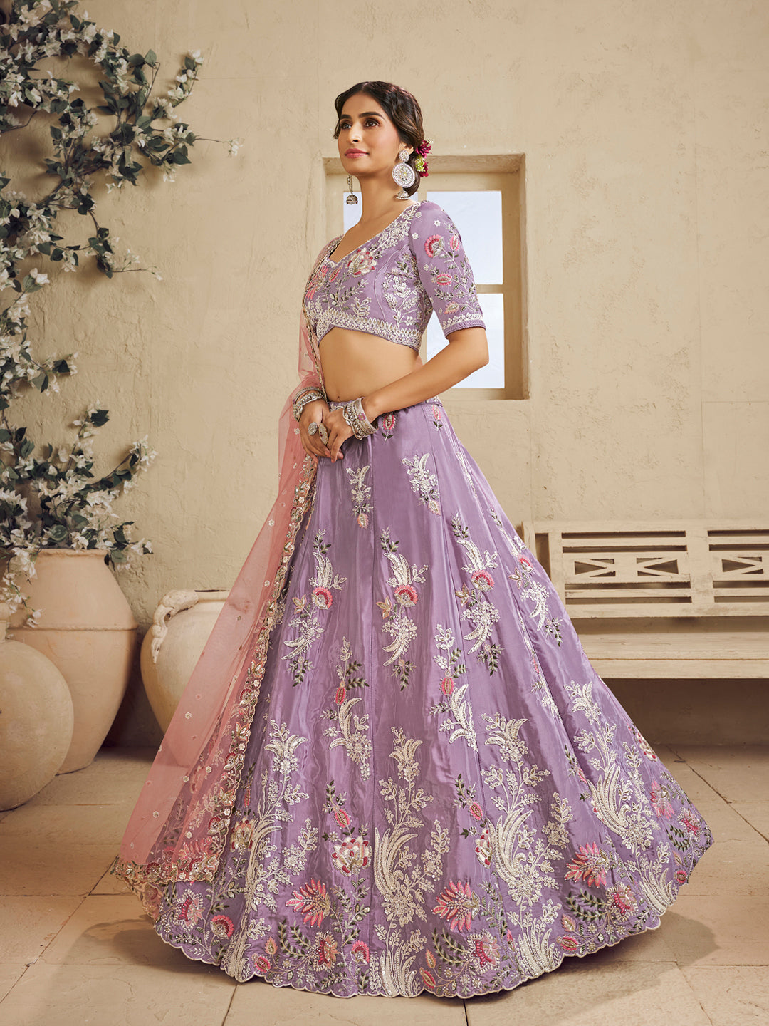 Lavender Color Satin Silk Fabric Sequins embroidery Lehenga choli & Dupatta - qivii