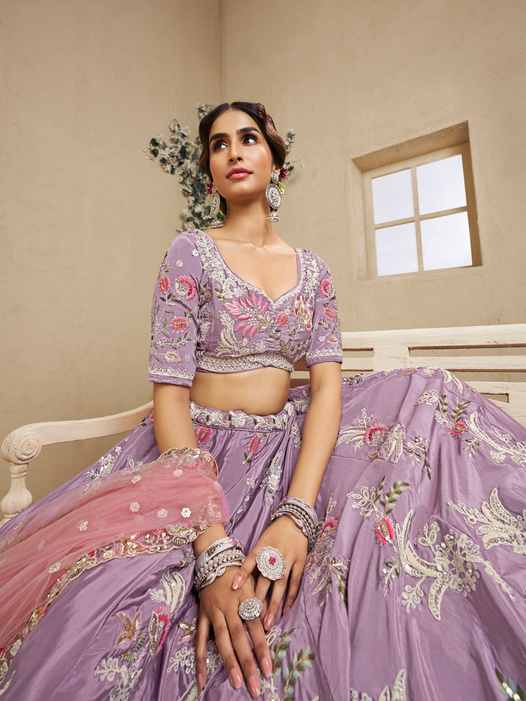 Lavender Color Satin Silk Fabric Sequins embroidery Lehenga choli & Dupatta - qivii