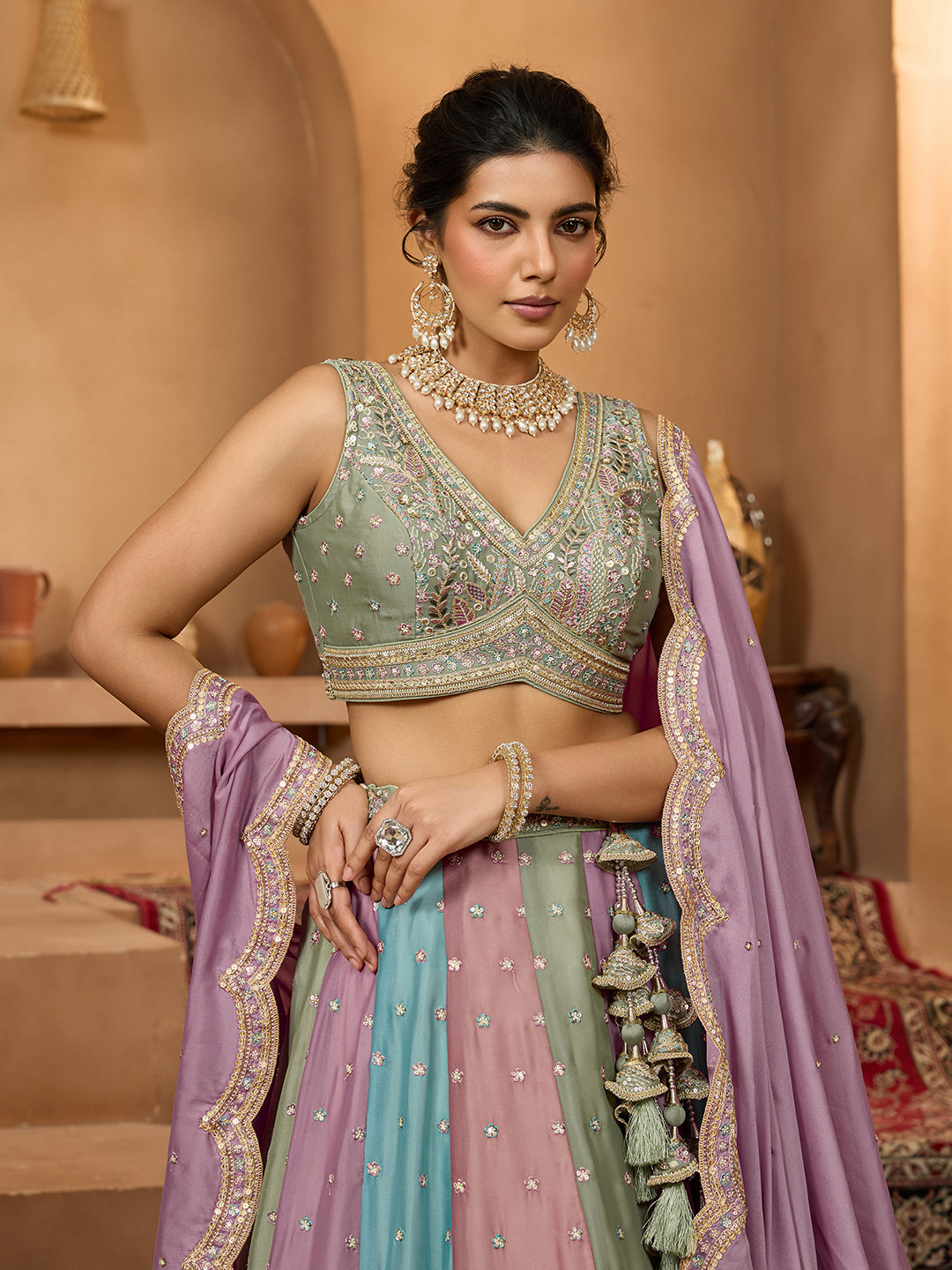 Lavender- Georgette Fabric Sequins embroidery Semi-Stitched Lehenga & Unstitched Blouse With Dupatta - qivii