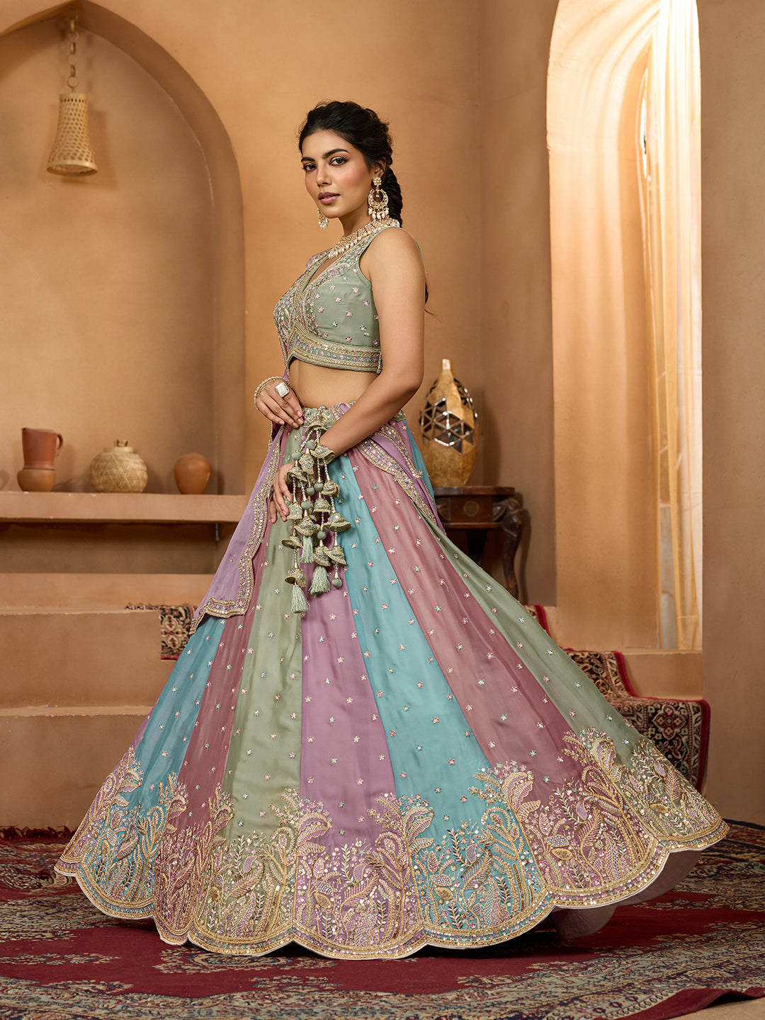 Lavender- Georgette Fabric Sequins embroidery Semi-Stitched Lehenga & Unstitched Blouse With Dupatta - qivii