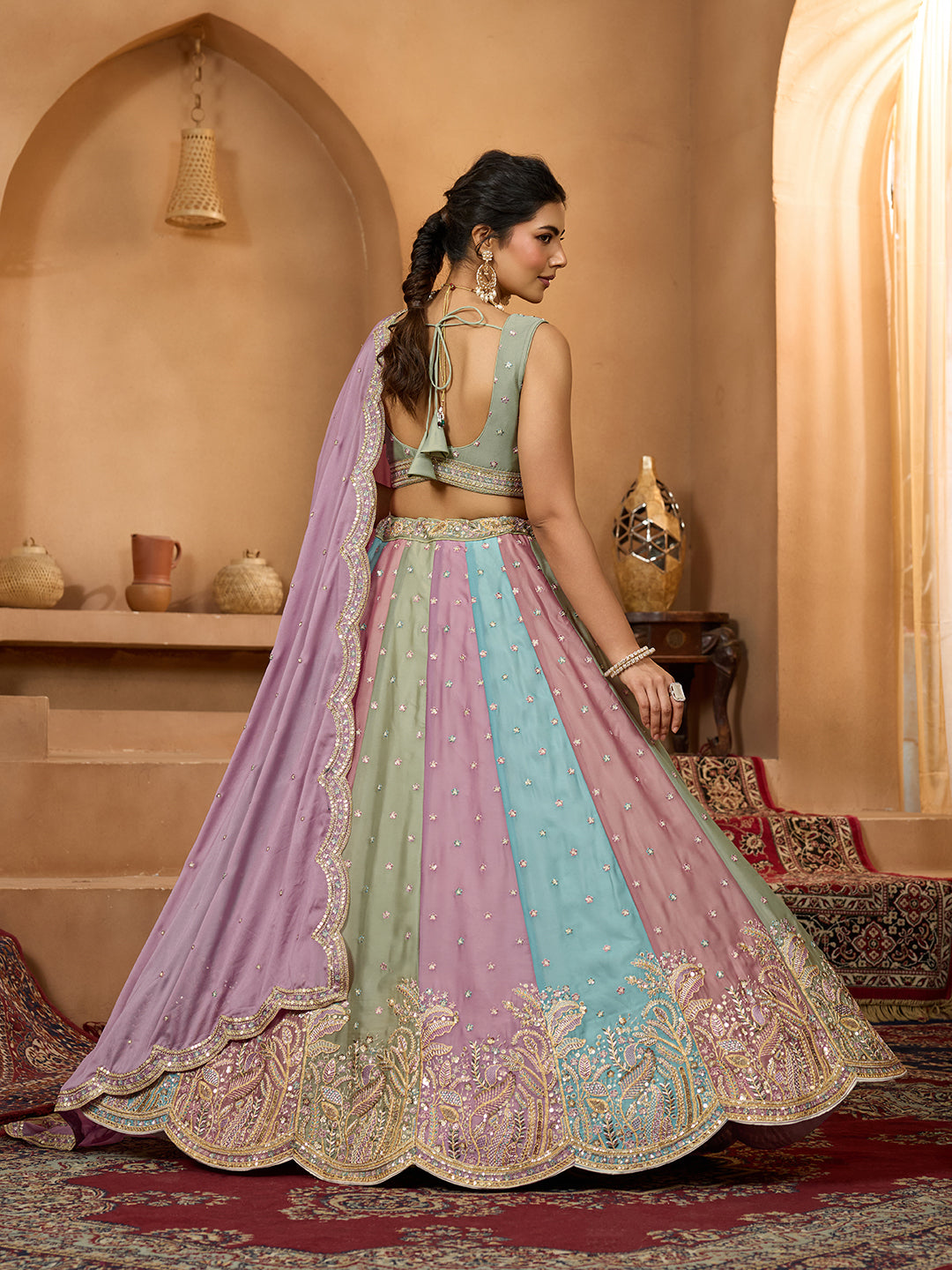 Lavender- Georgette Fabric Sequins embroidery Semi-Stitched Lehenga & Unstitched Blouse With Dupatta - qivii