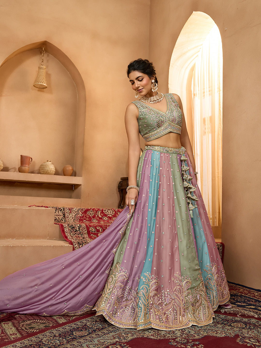 Lavender- Georgette Fabric Sequins embroidery Semi-Stitched Lehenga & Unstitched Blouse With Dupatta - qivii