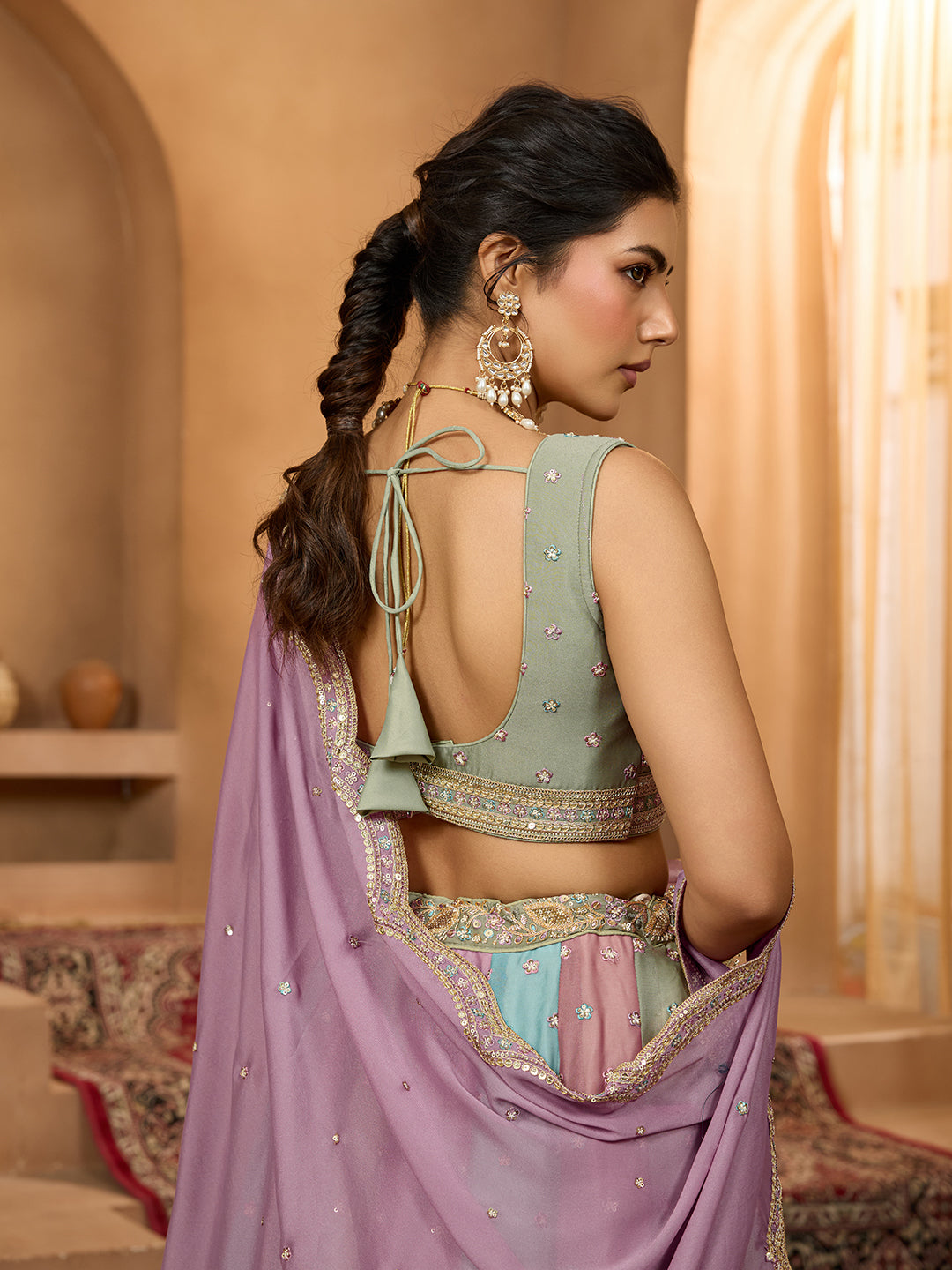 Lavender- Georgette Fabric Sequins embroidery Semi-Stitched Lehenga & Unstitched Blouse With Dupatta - qivii