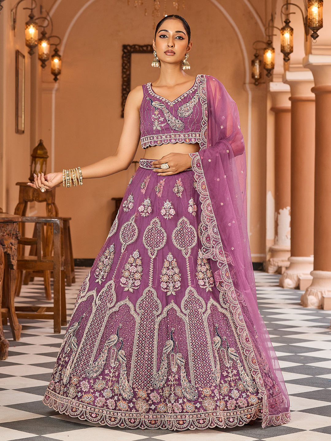 LAVENDER - Net Fabric Sequins embroidery Semi-Stitched Lehenga & Unstitched Blouse With Dupatta