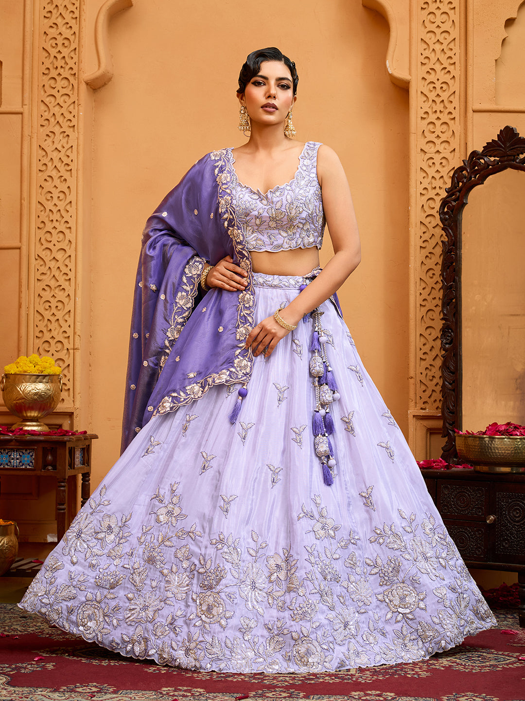 Lavender- Tissue Fabric Sequins embroidery Semi-Stitched Lehenga & Unstitched Blouse With Dupatta - qivii