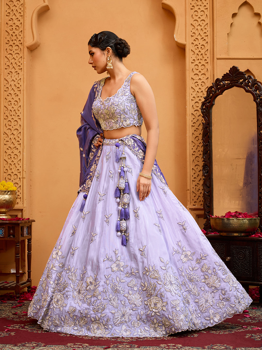 Lavender- Tissue Fabric Sequins embroidery Semi-Stitched Lehenga & Unstitched Blouse With Dupatta - qivii