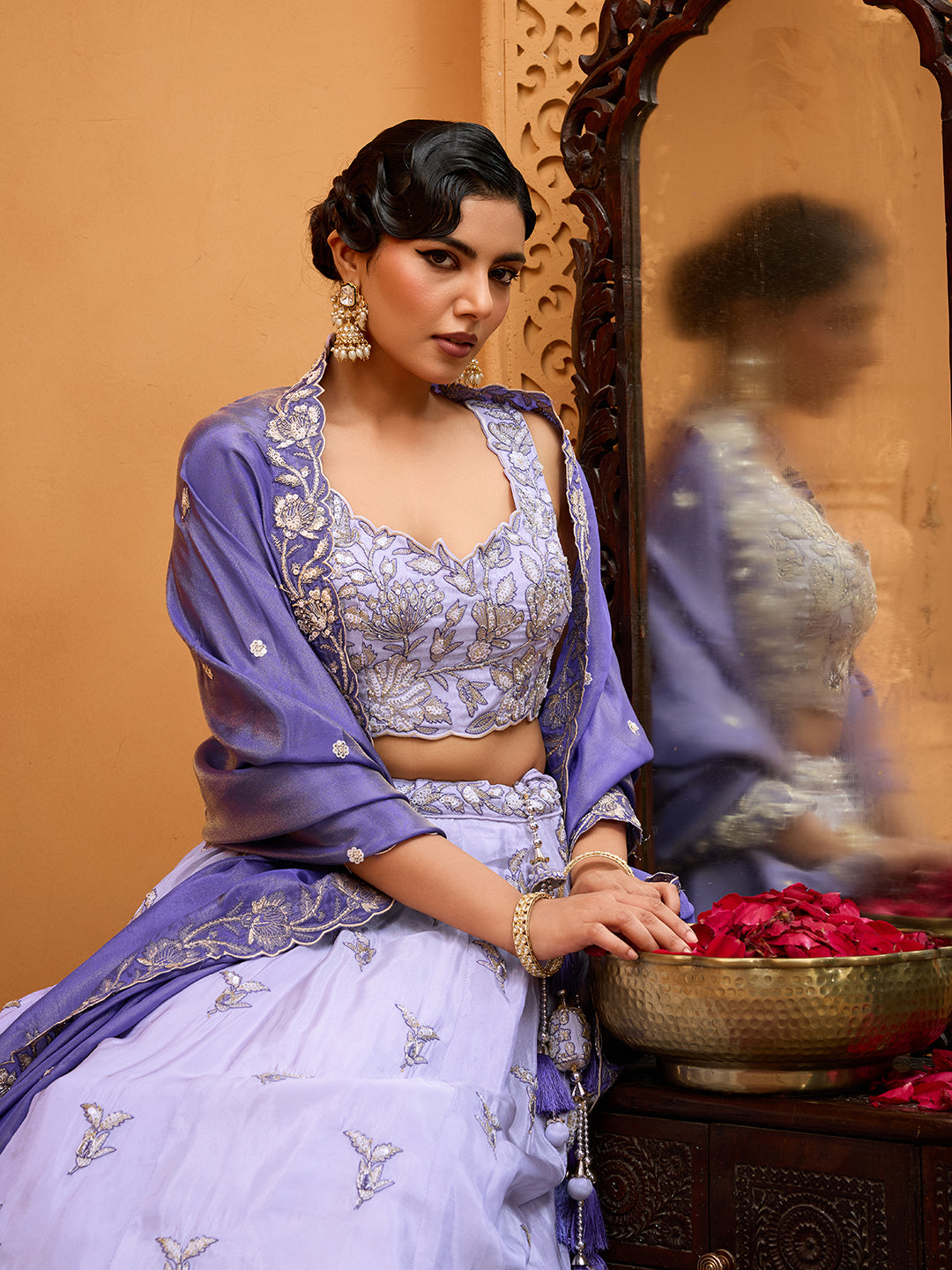 Lavender- Tissue Fabric Sequins embroidery Semi-Stitched Lehenga & Unstitched Blouse With Dupatta - qivii