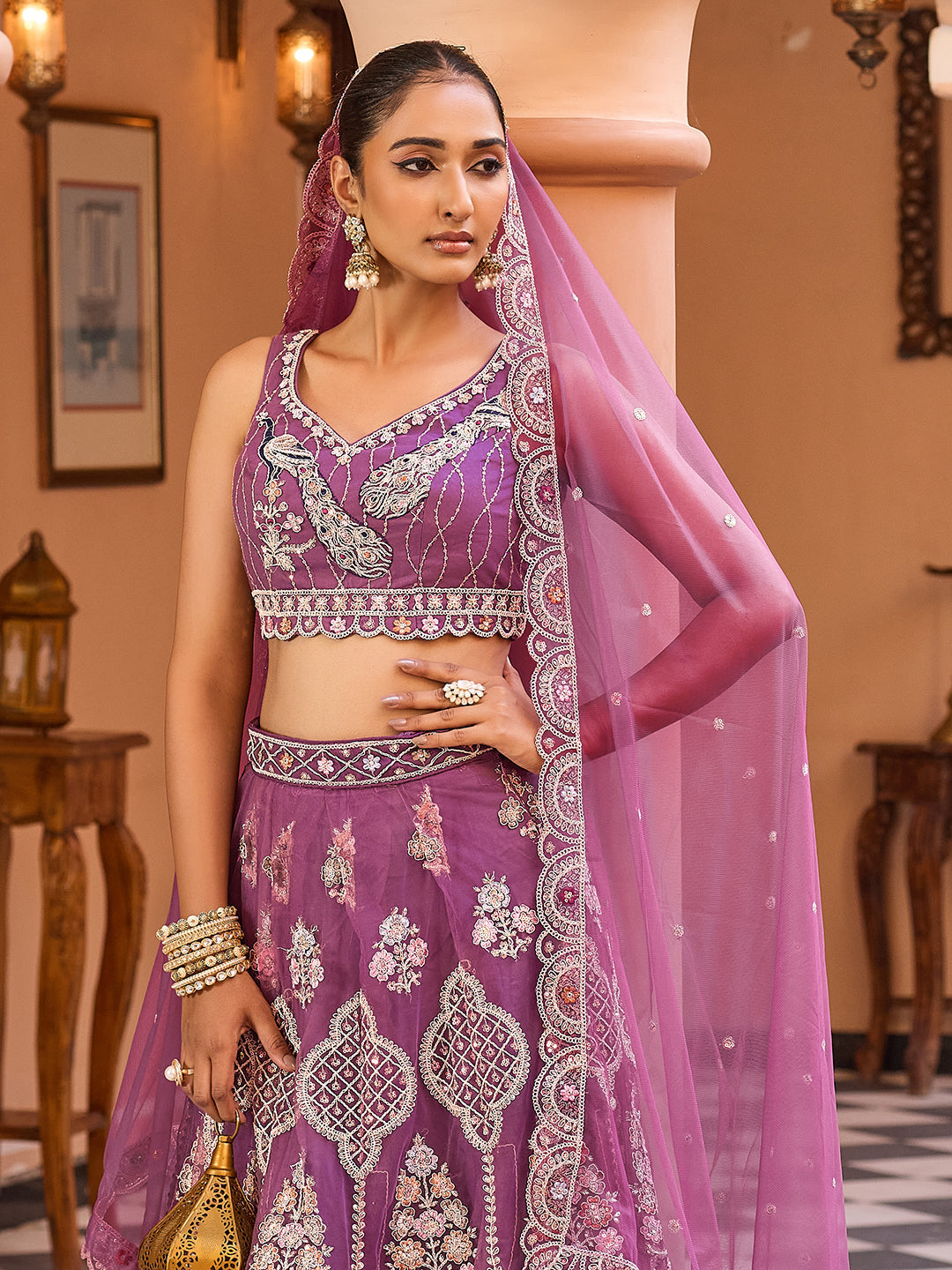 LAVENDER - Net Fabric Sequins embroidery Lehenga & Unstitched Blouse With Dupatta