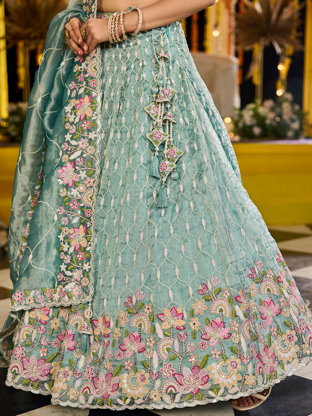 LIMEGREEN - Satin Silk Fabric Sequinned Embroidered Ready to Wear Lehenga Choli & Dupatta