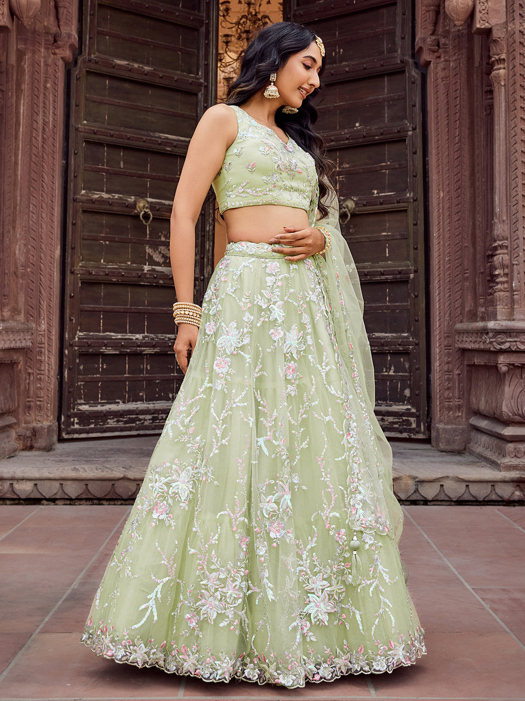 LIMEGREEN - Net Fabric Sequins embroidery Lehenga & Unstitched Blouse With Dupatta