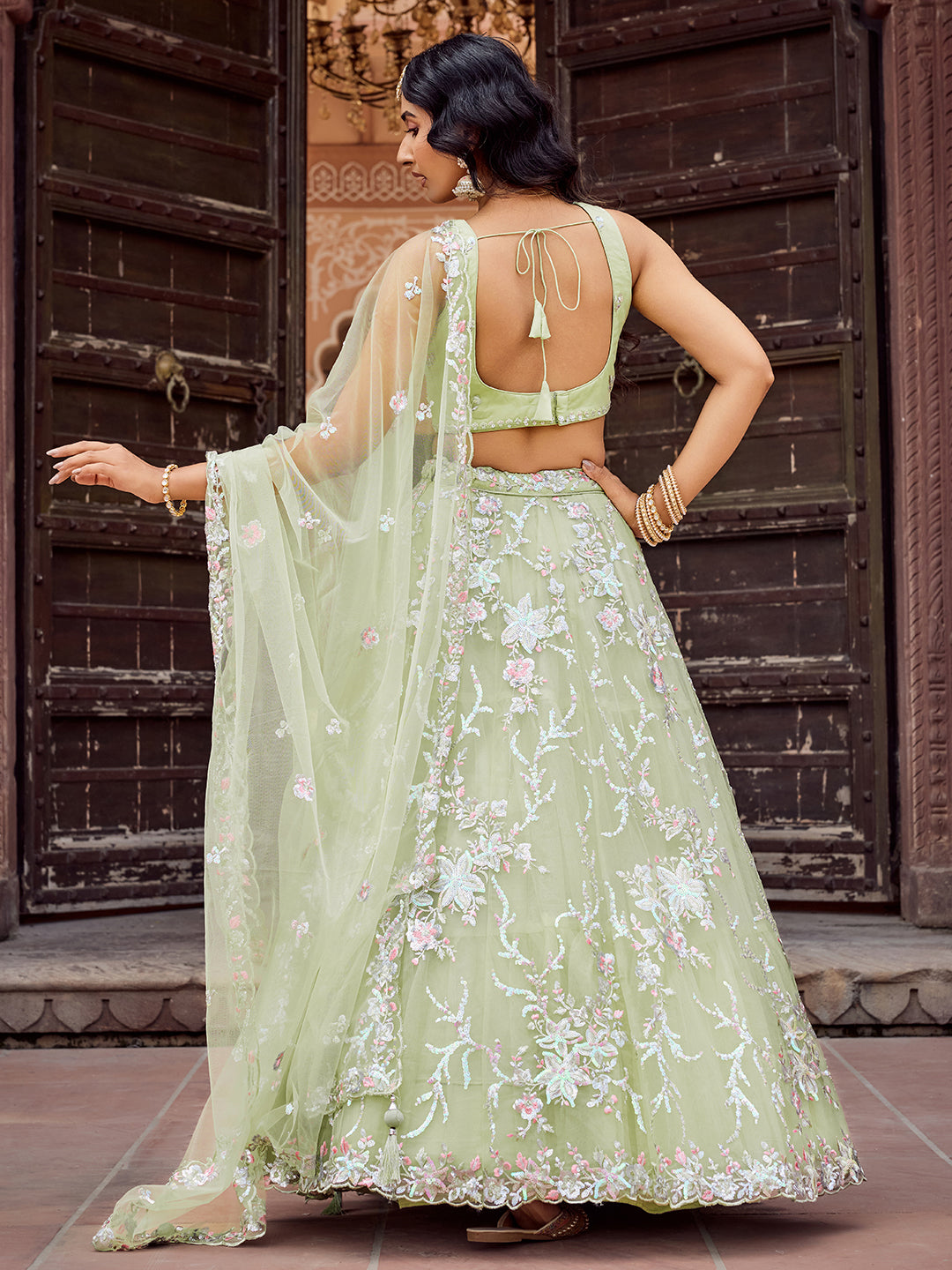 LIMEGREEN - Net Fabric Sequins embroidery Lehenga & Unstitched Blouse With Dupatta