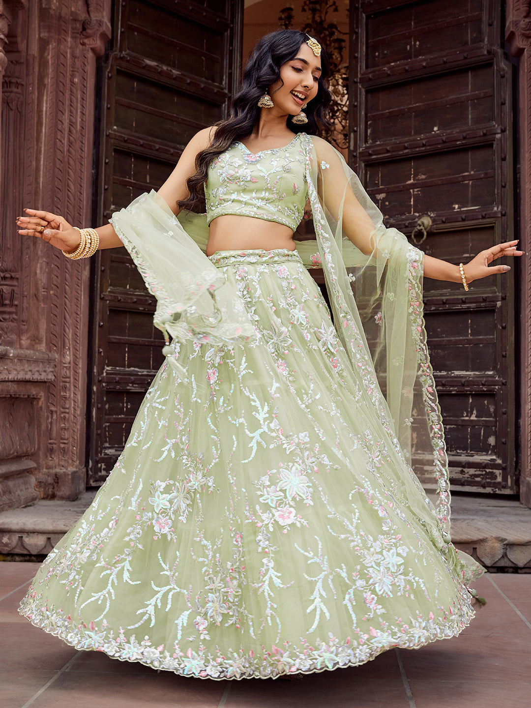 LIMEGREEN - Net Fabric Sequins embroidery Lehenga & Unstitched Blouse With Dupatta