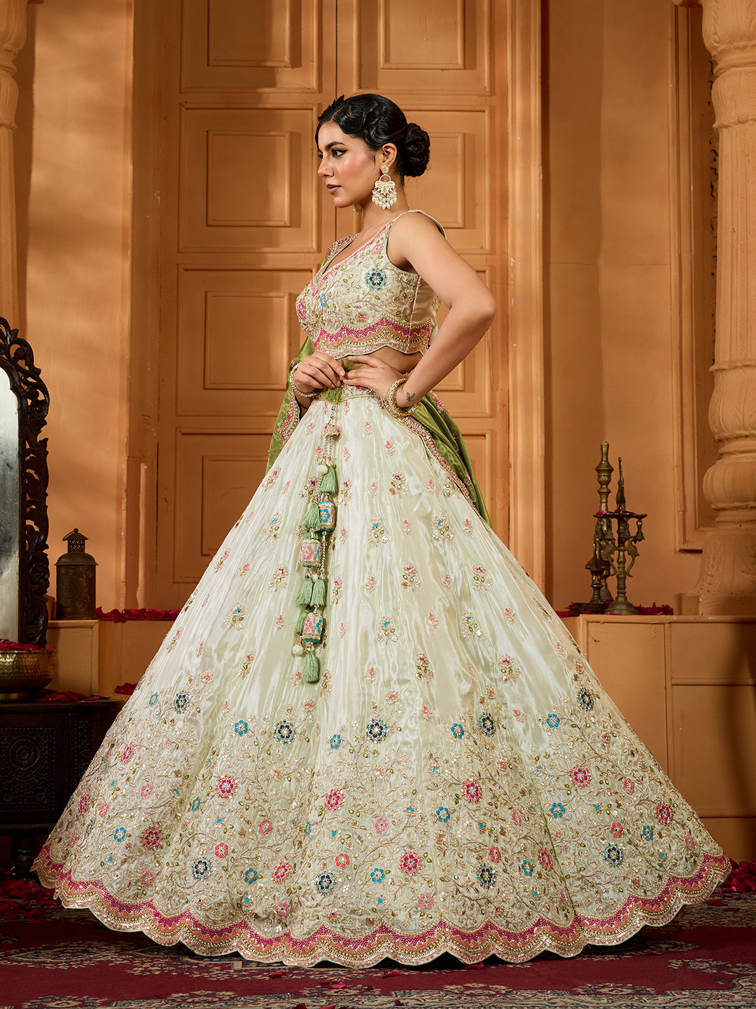 Limegreen- Tissue Fabric Sequins embroidery Semi-Stitched Lehenga & Unstitched Blouse With Dupatta - qivii