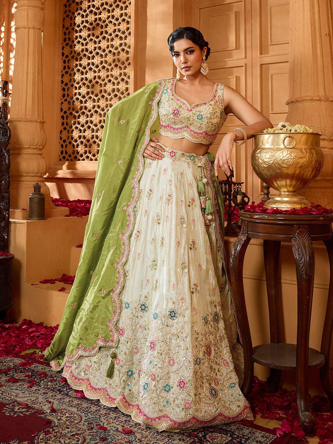 Limegreen- Tissue Fabric Sequins embroidery Semi-Stitched Lehenga & Unstitched Blouse With Dupatta - qivii