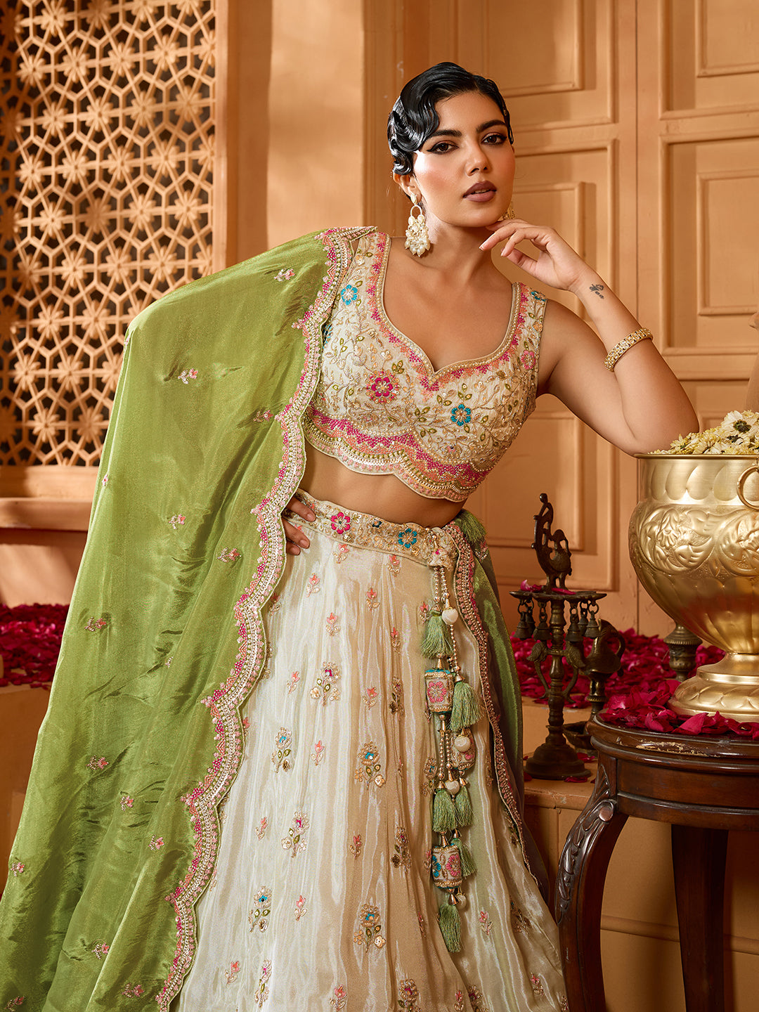 Limegreen- Tissue Fabric Sequins embroidery Semi-Stitched Lehenga & Unstitched Blouse With Dupatta - qivii
