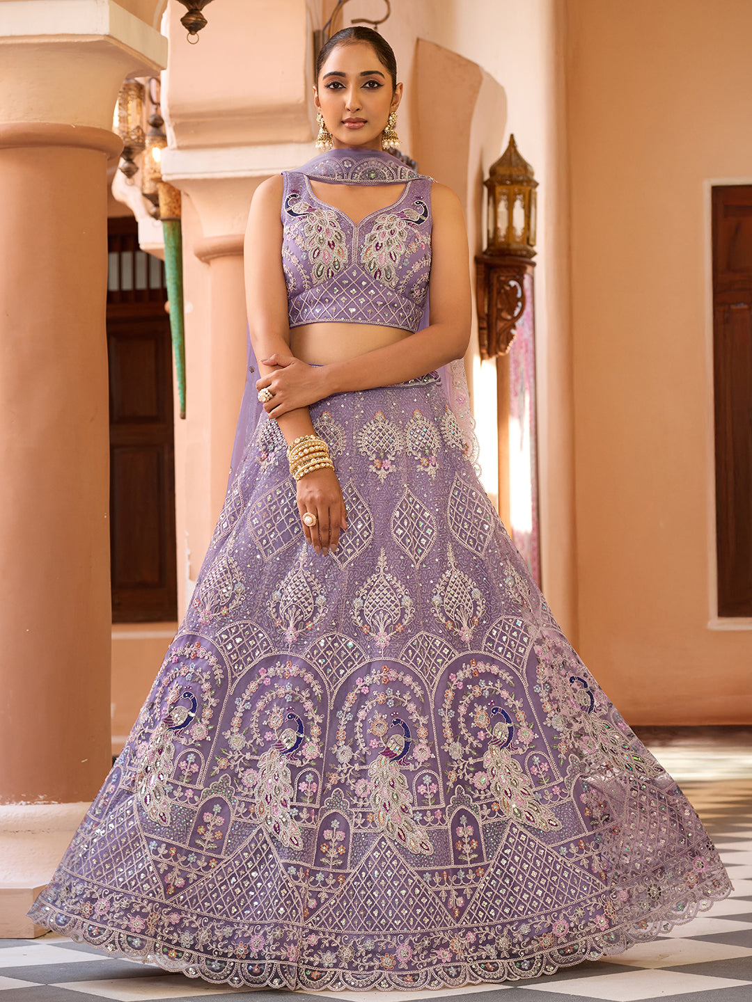 MAUVE - Net Fabric Sequins embroidery Semi-Stitched Lehenga & Unstitched Blouse With Dupatta