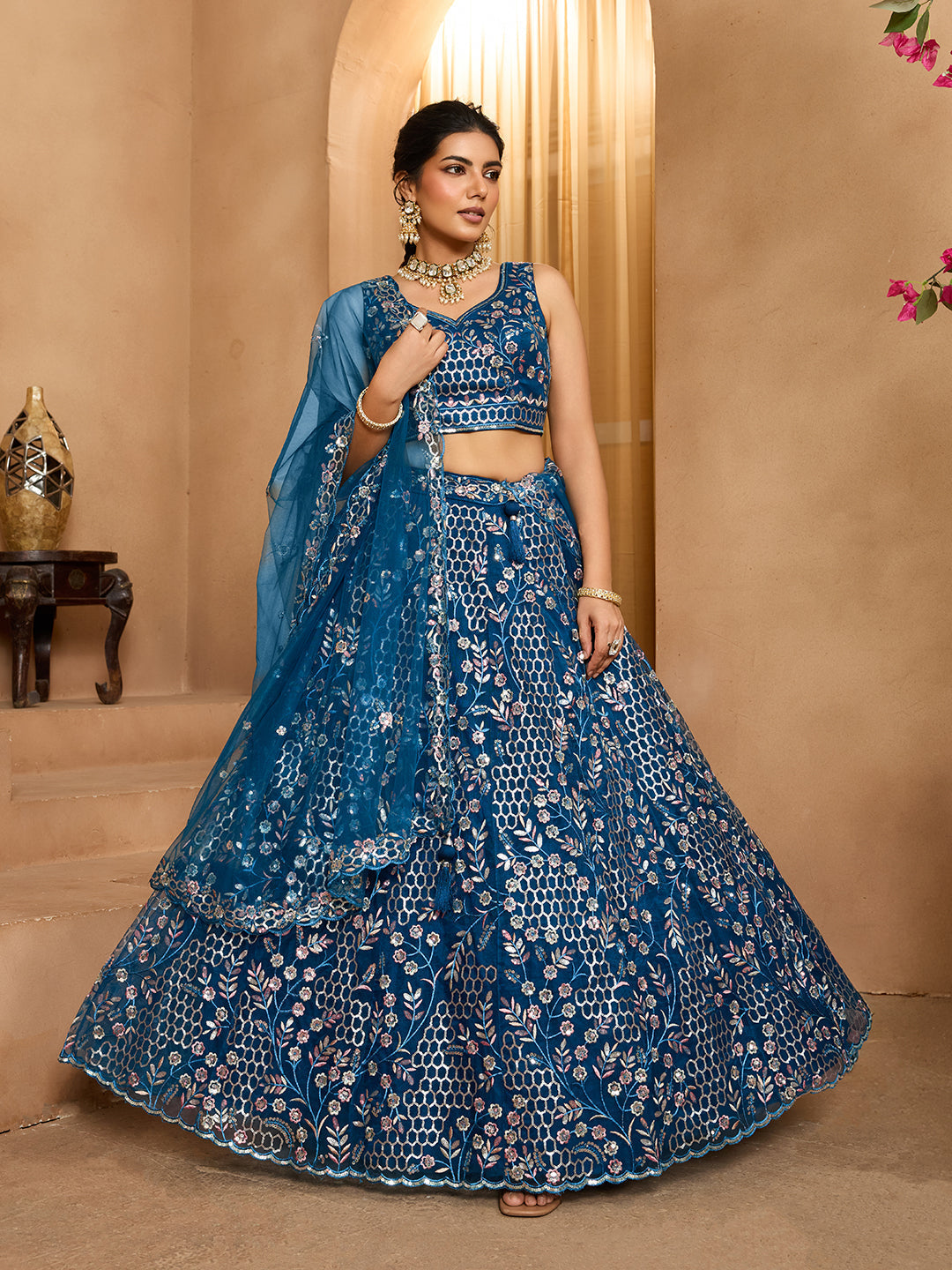 Navyblue- Net Fabric Sequins embroidery Semi-Stitched Lehenga & Unstitched Blouse With Dupatta - qivii