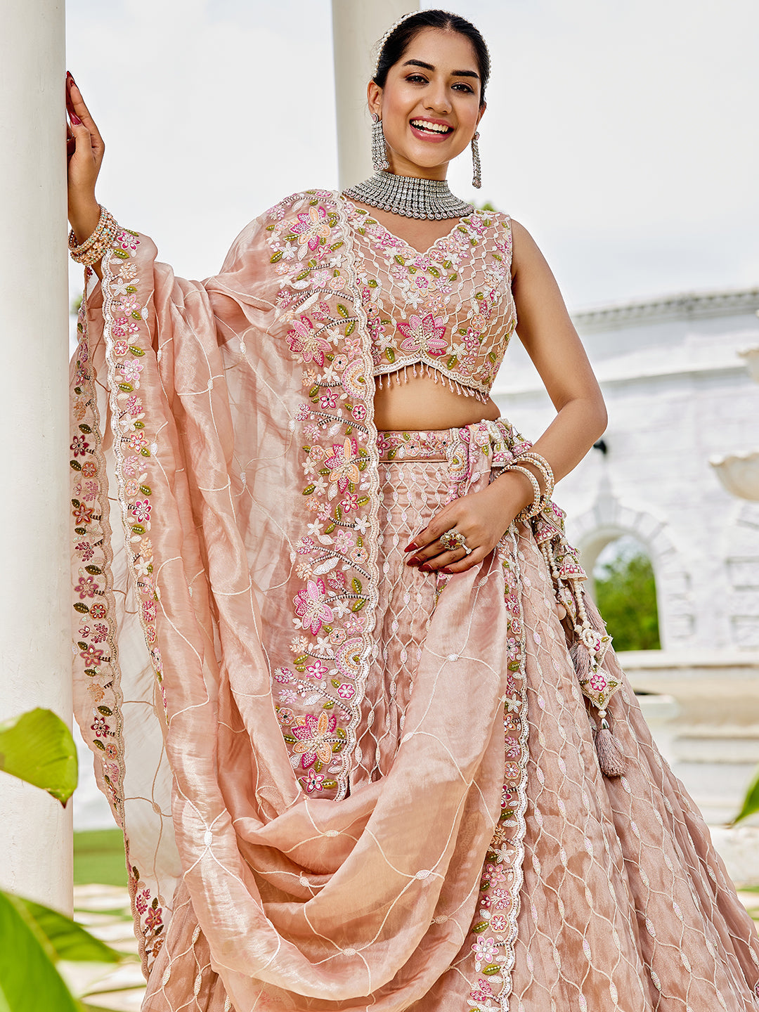 NUDE - Satin Silk Fabric Sequinned Embroidered Ready to Wear Lehenga Choli & Dupatta
