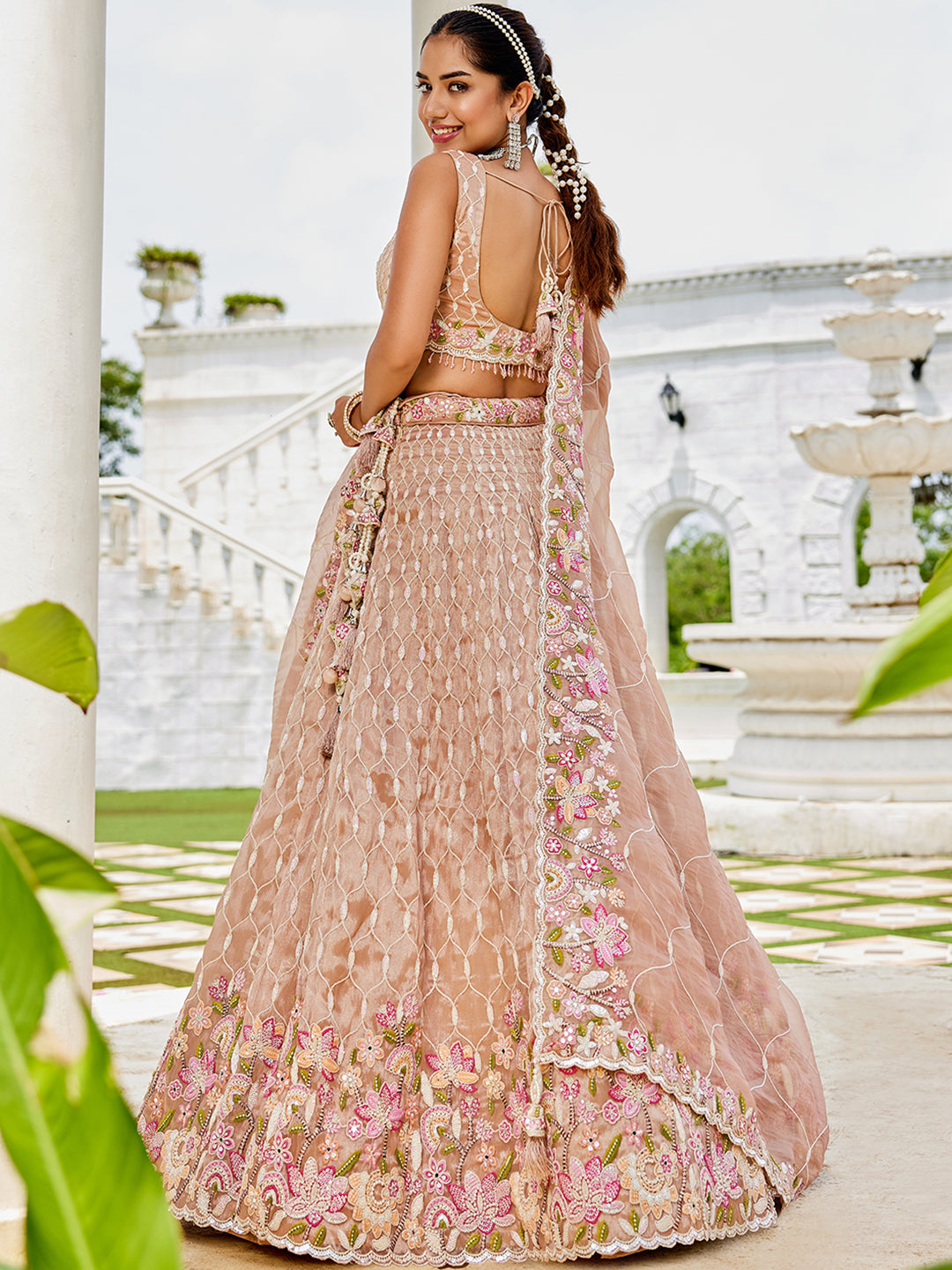 NUDE - Satin Silk Fabric Sequinned Embroidered Ready to Wear Lehenga Choli & Dupatta
