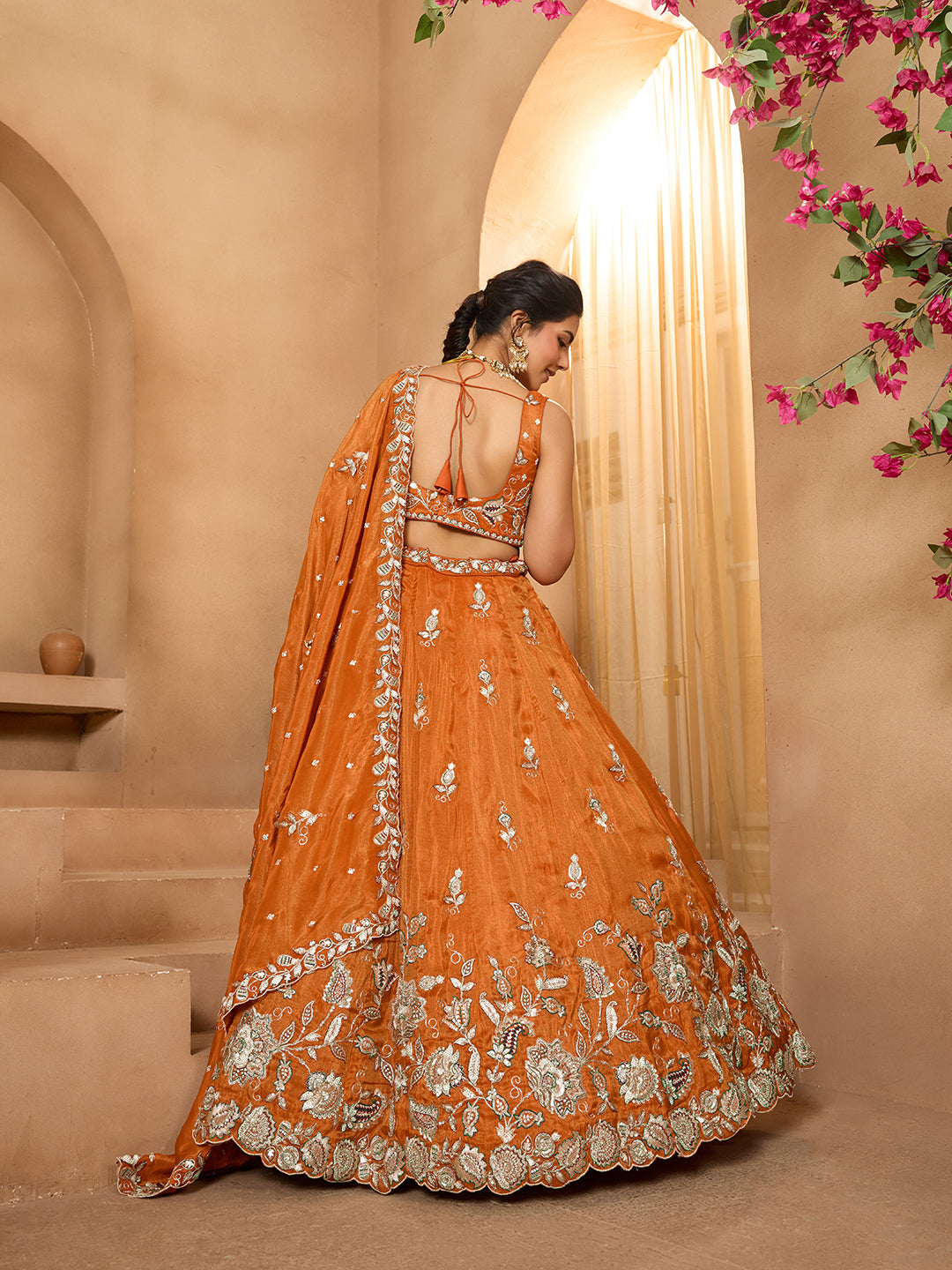 Orange- Tissue Fabric Sequins embroidery Semi-Stitched Lehenga & Unstitched Blouse With Dupatta - qivii