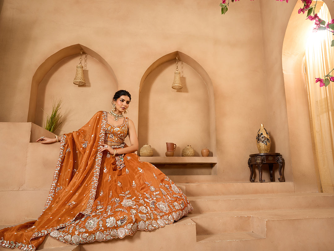 Orange- Tissue Fabric Sequins embroidery Semi-Stitched Lehenga & Unstitched Blouse With Dupatta - qivii