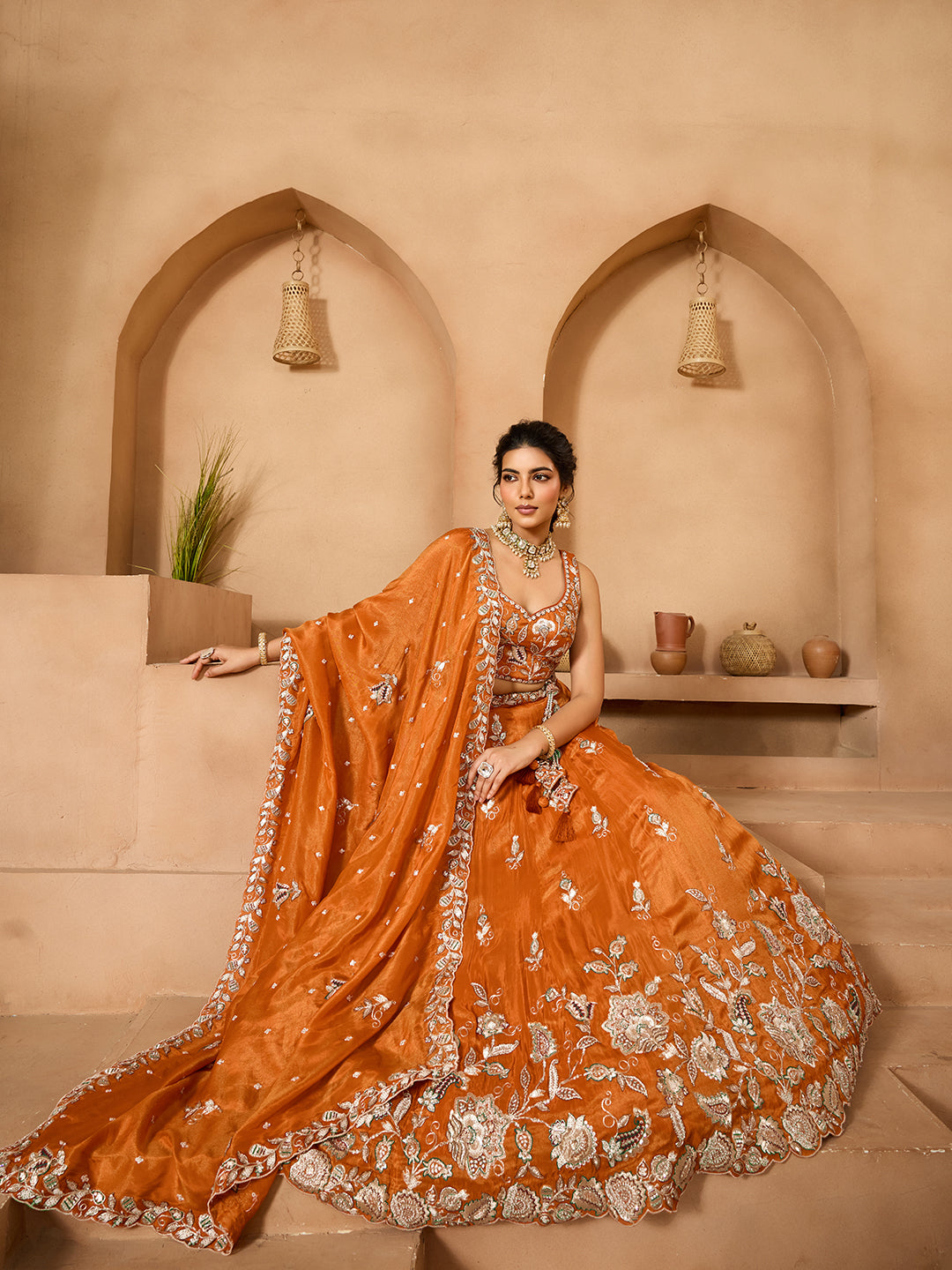 Orange- Tissue Fabric Sequins embroidery Semi-Stitched Lehenga & Unstitched Blouse With Dupatta - qivii