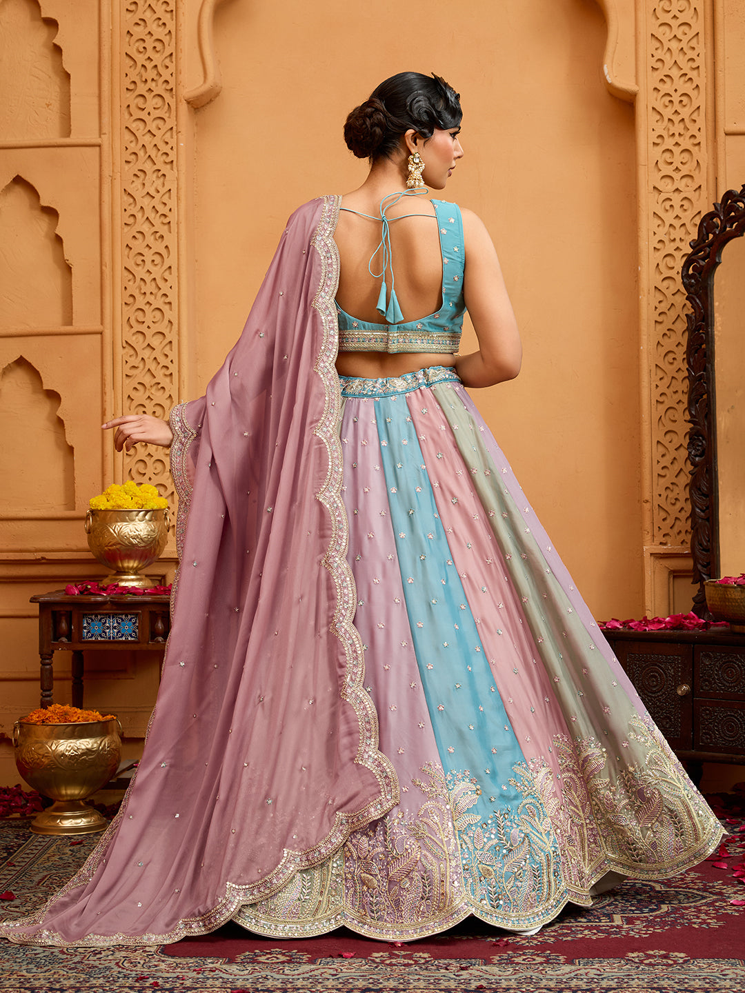 Peach- Georgette Fabric Sequins embroidery Semi-Stitched Lehenga & Unstitched Blouse With Dupatta - qivii