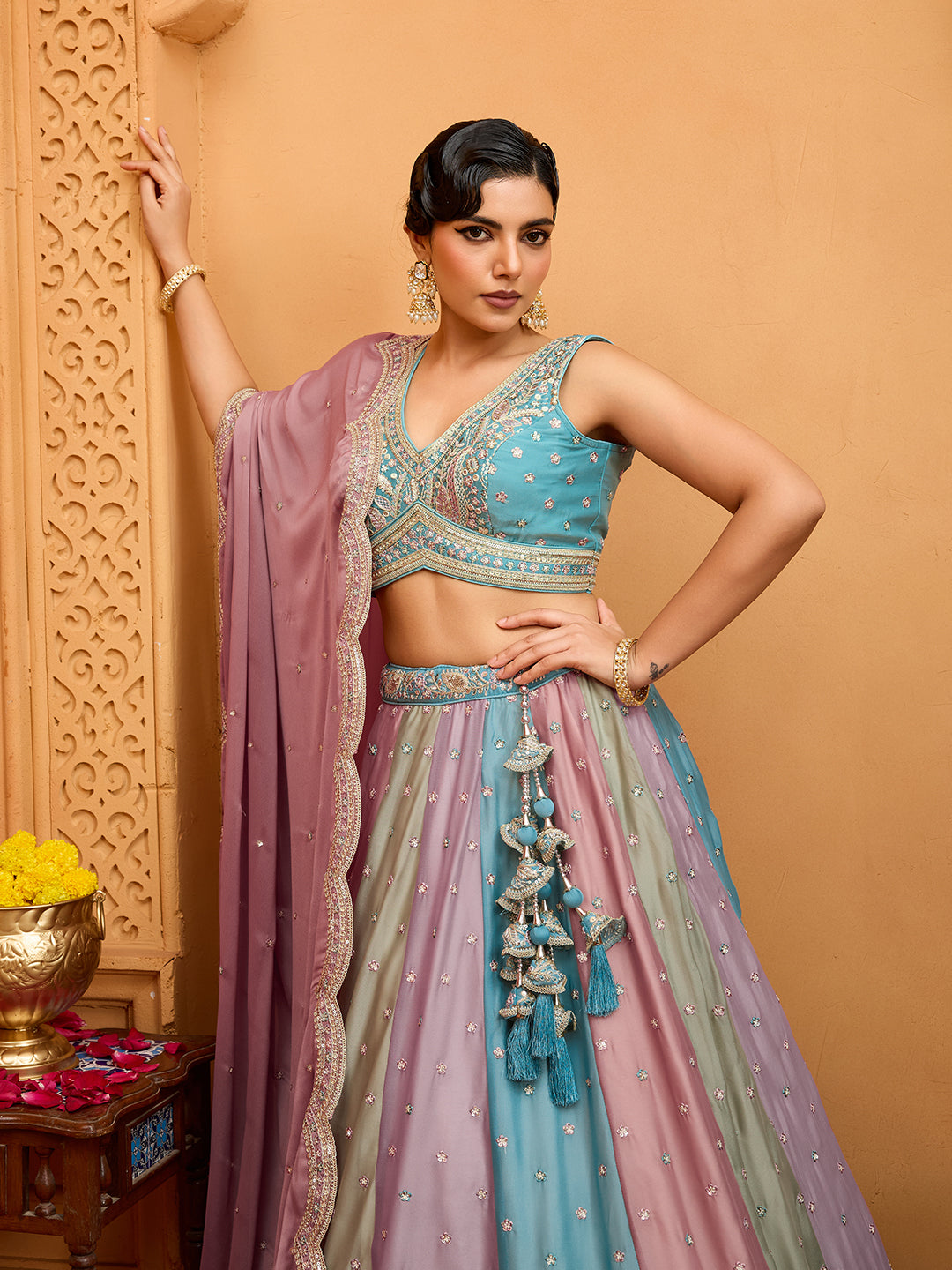 Peach- Georgette Fabric Sequins embroidery Semi-Stitched Lehenga & Unstitched Blouse With Dupatta - qivii