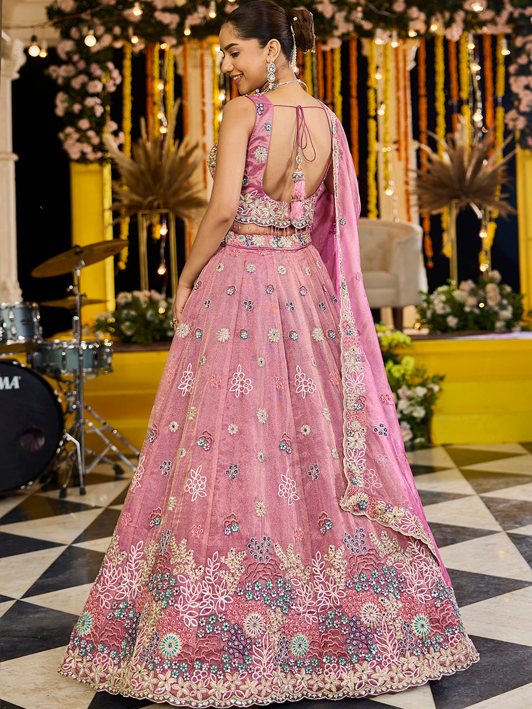 PINK - Satin Silk Fabric Sequined Embroidered Ready to Wear Lehenga Choli & Dupatta
