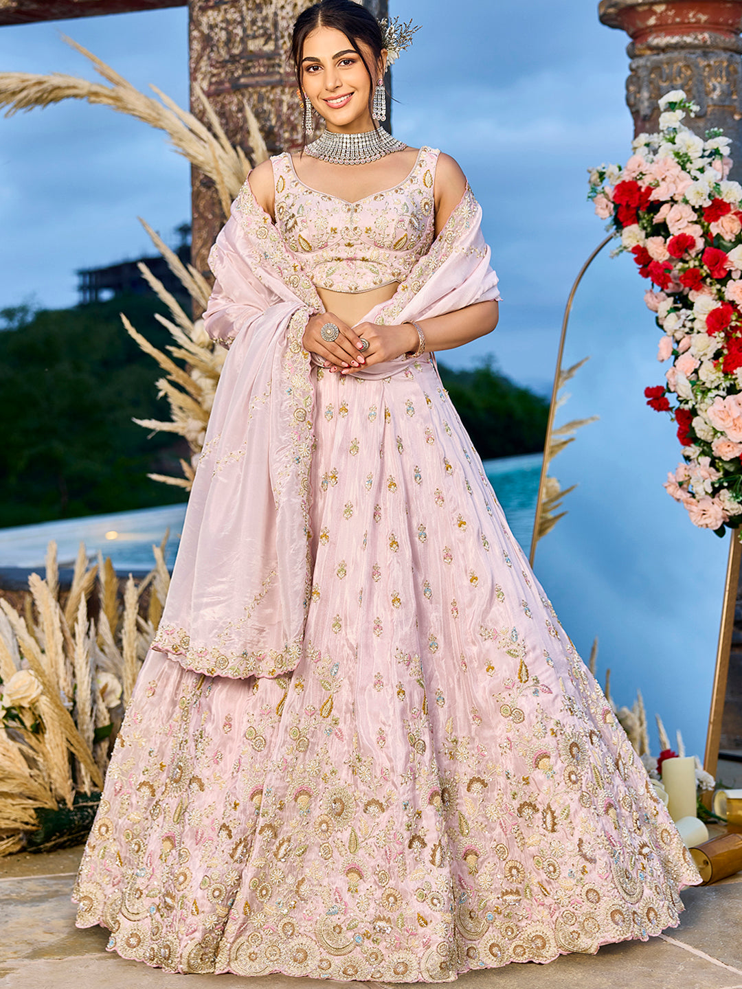 Pink - Tissue Fabric Beads & Sequince Embroidered Ready to Wear Lehenga Choli & Dupatta