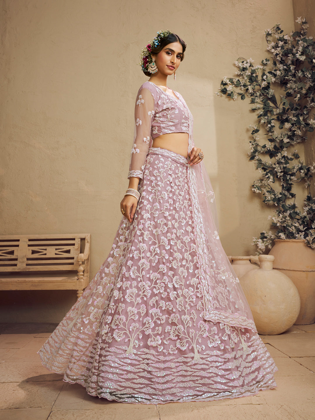 Pink Color Net Fabric Sequins embroidery Lehenga choli & Dupatta - qivii