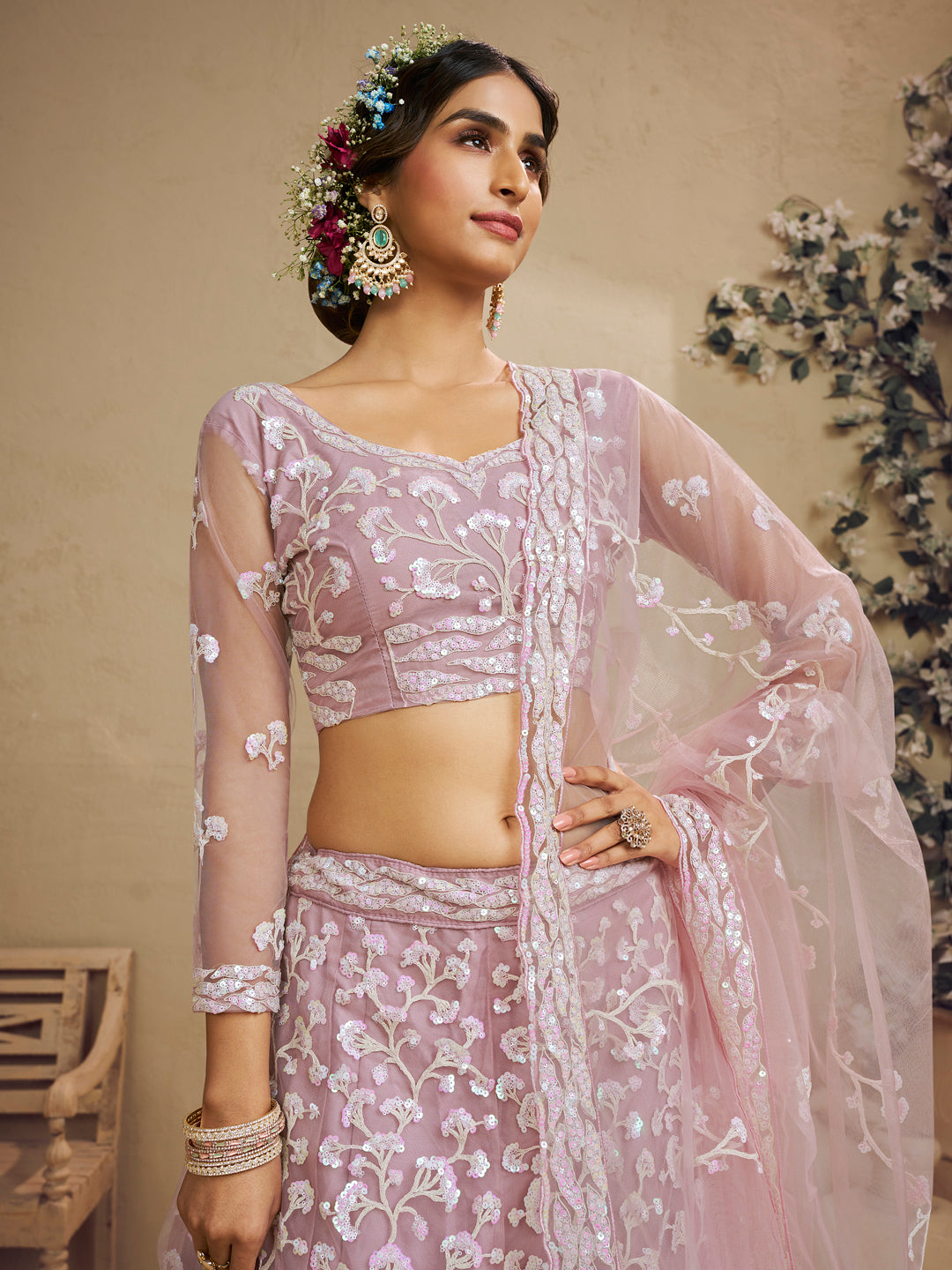 Pink Color Net Fabric Sequins embroidery Lehenga choli & Dupatta - qivii